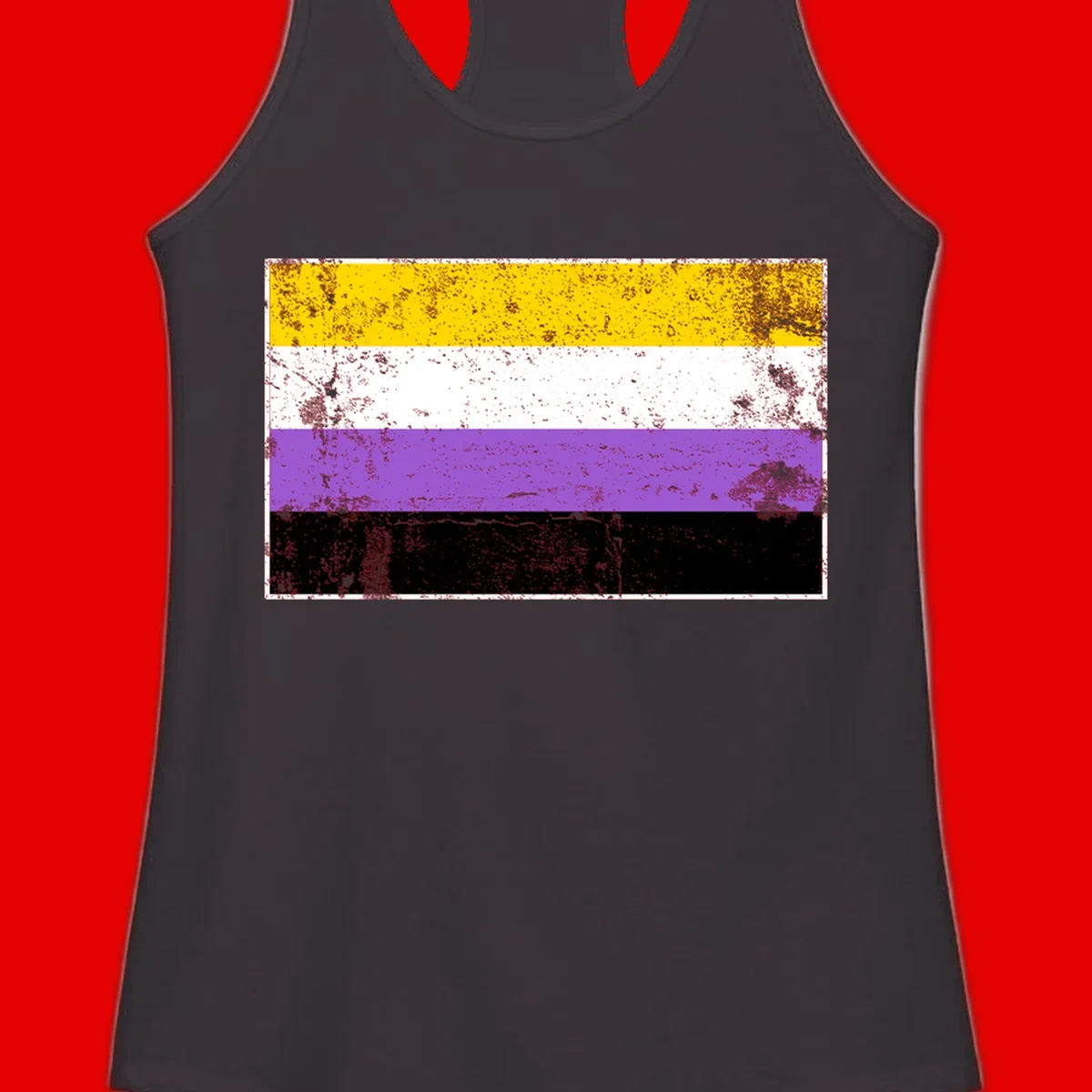 Nonbinary pride flag with yellow, white, purple, and black horizontal stripes featuring distressed grunge texture overlay