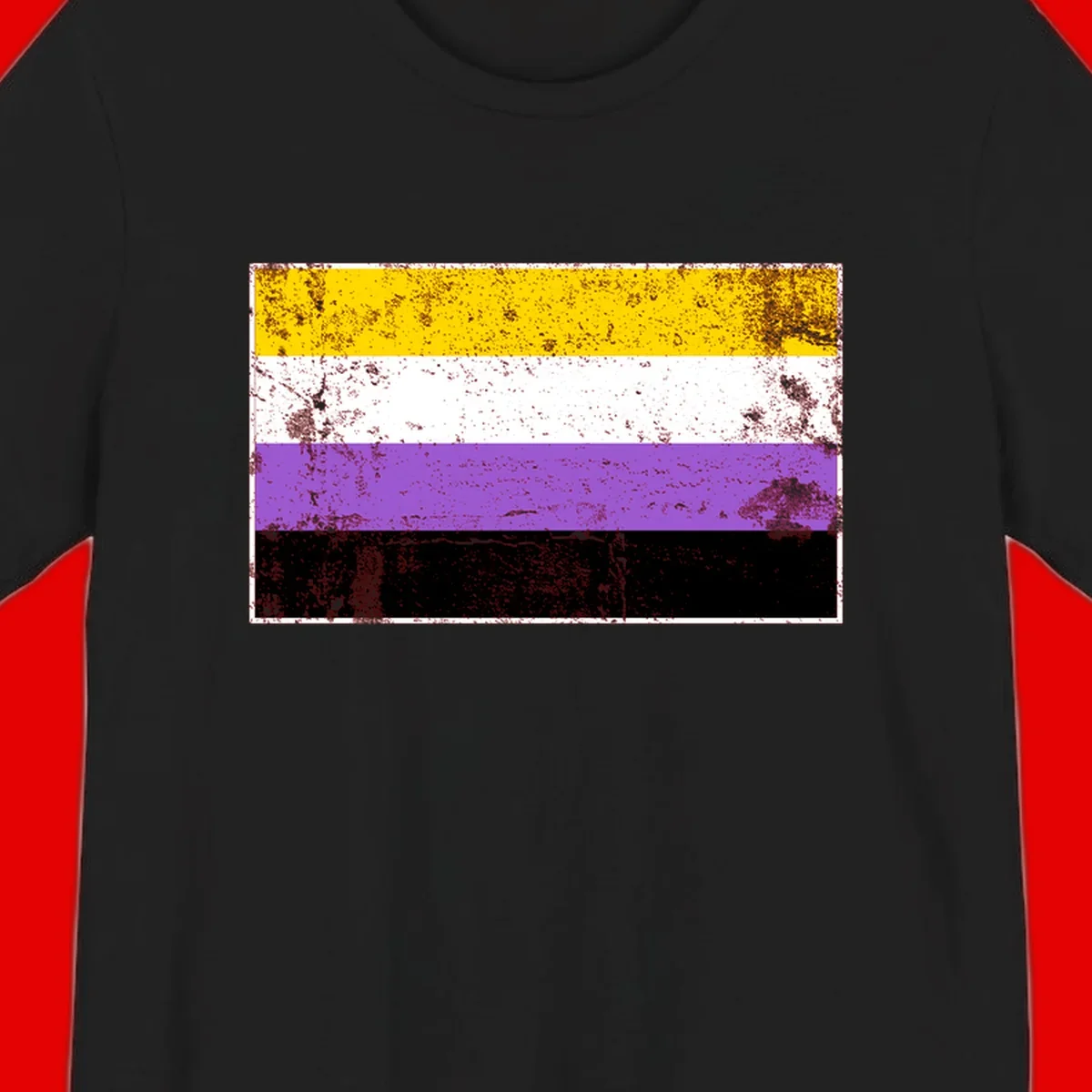 Nonbinary pride flag with yellow, white, purple, and black horizontal stripes featuring distressed grunge texture overlay
