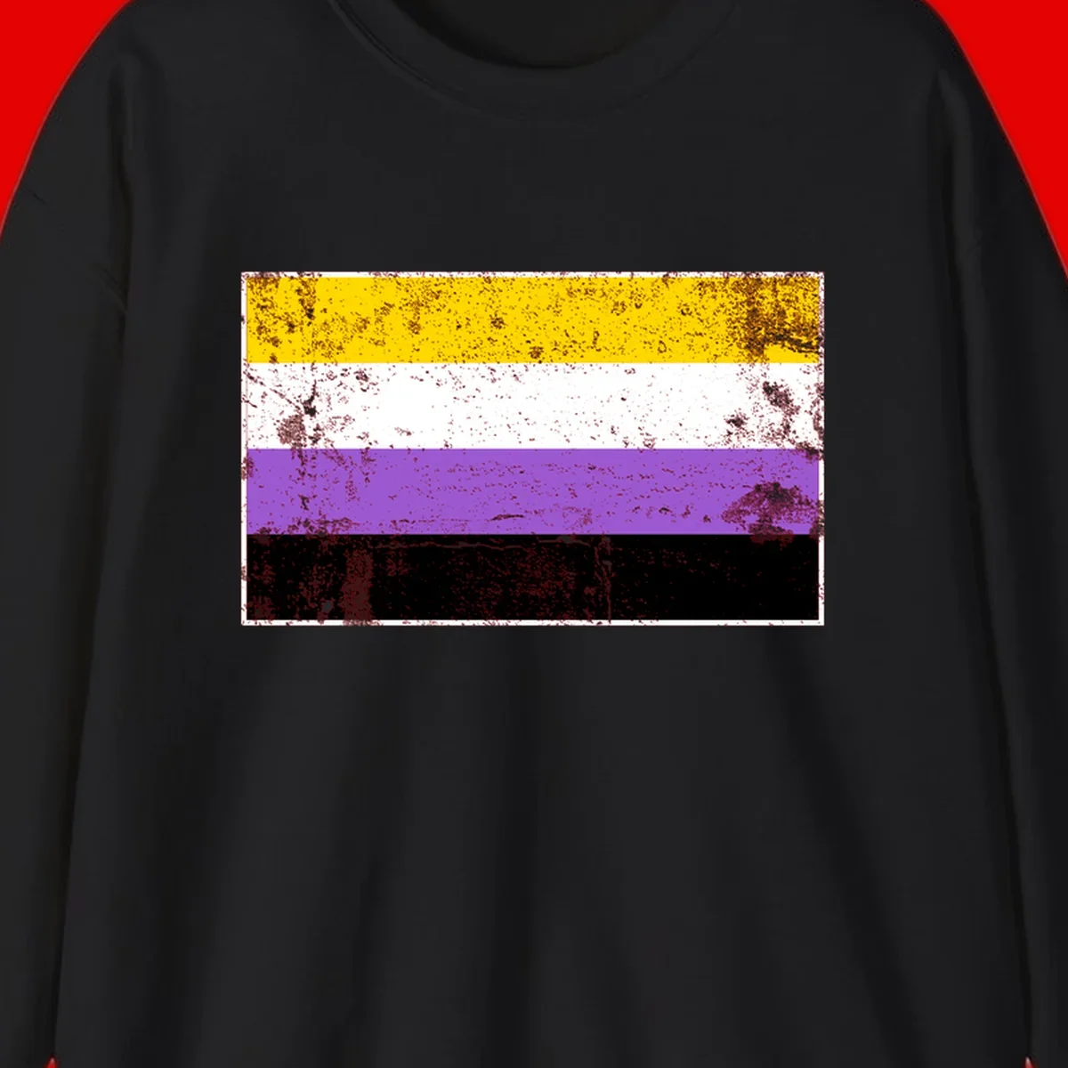 Nonbinary pride flag with yellow, white, purple, and black horizontal stripes featuring distressed grunge texture overlay
