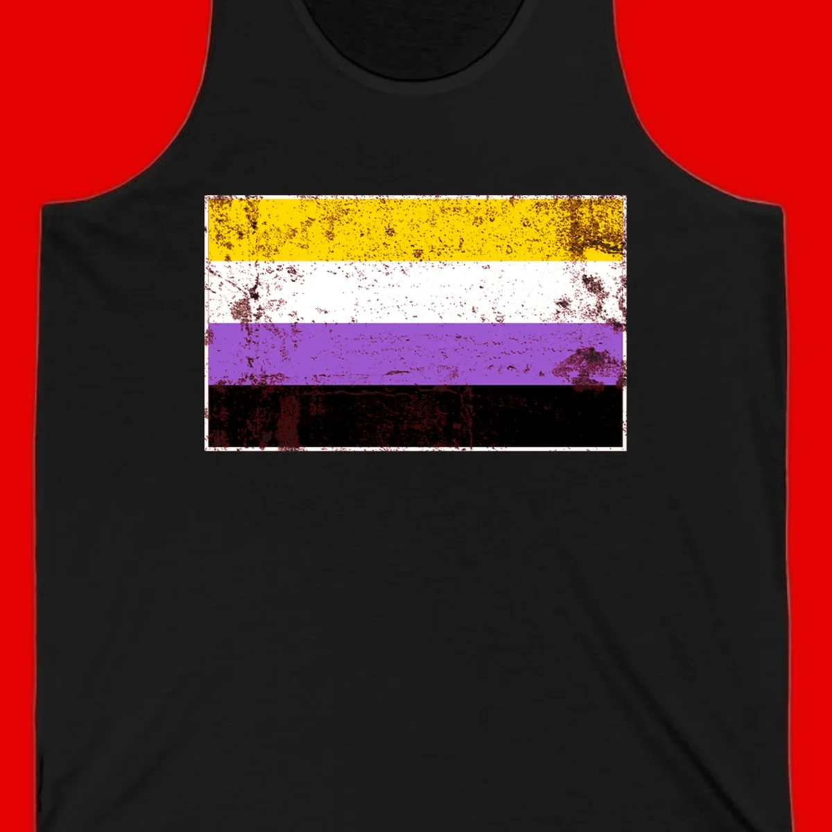 Nonbinary pride flag with yellow, white, purple, and black horizontal stripes featuring distressed grunge texture overlay