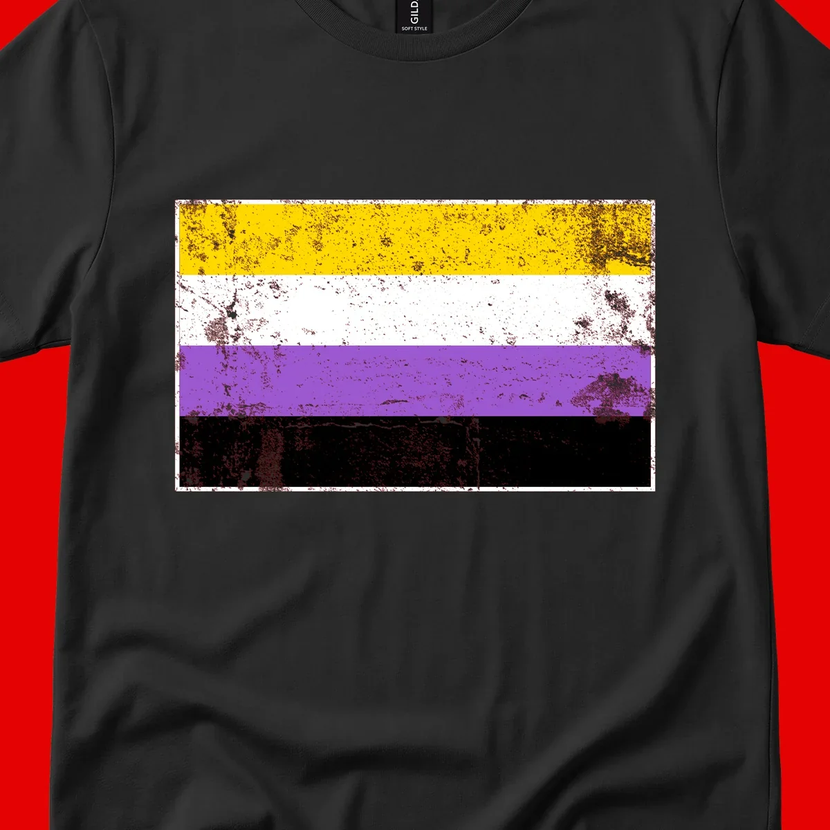 Nonbinary pride flag with yellow, white, purple, and black horizontal stripes featuring distressed grunge texture overlay