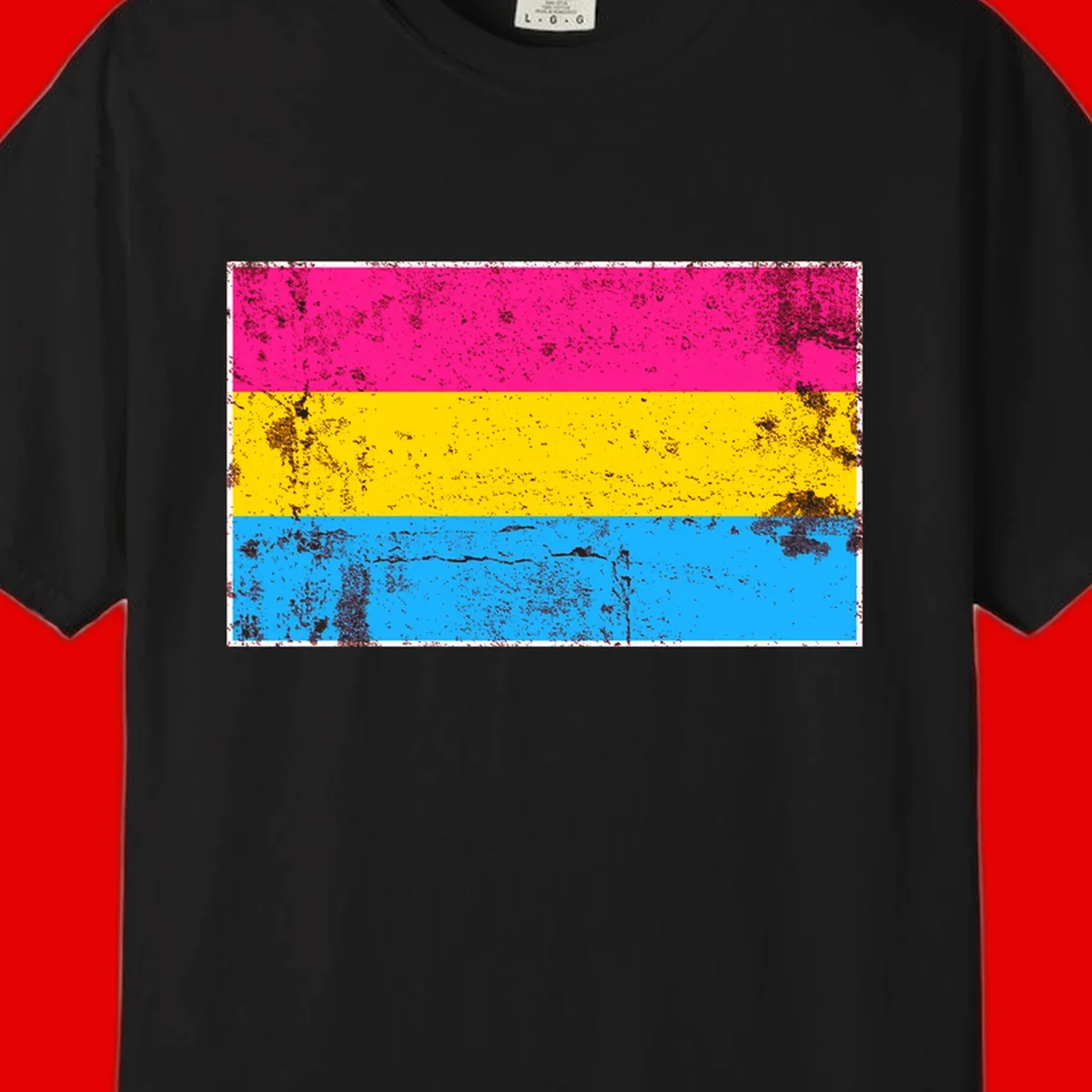 Pan pride distressed flag with magenta, yellow, and cyan blue horizontal stripes featuring heavy grunge texture overlay