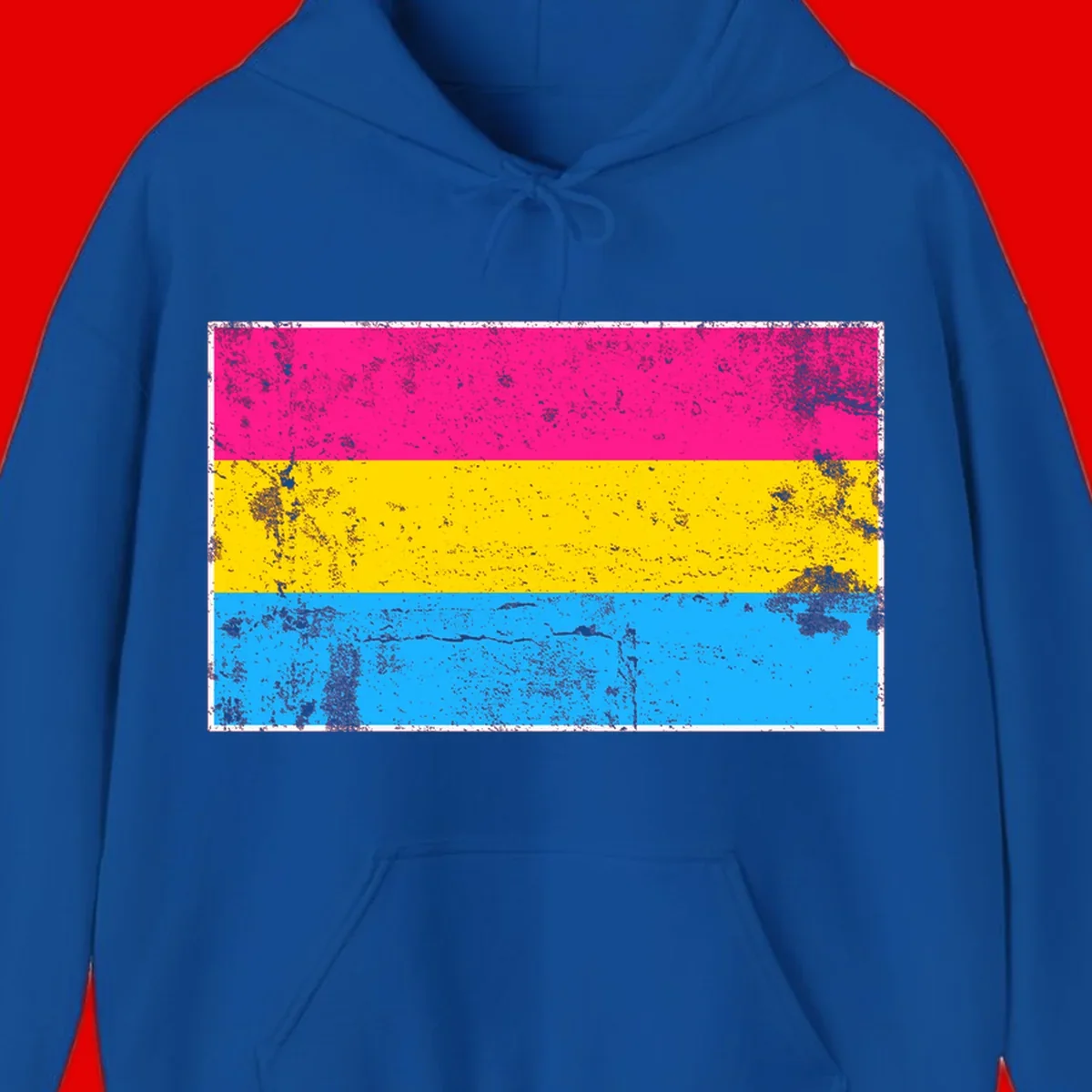 Pan pride distressed flag with magenta, yellow, and cyan blue horizontal stripes featuring heavy grunge texture overlay