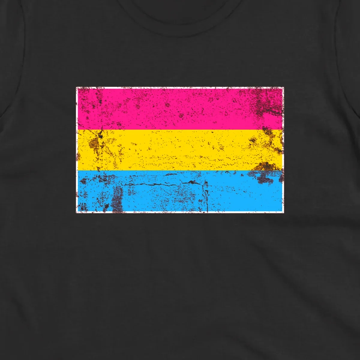 Pan pride distressed flag with magenta, yellow, and cyan blue horizontal stripes featuring heavy grunge texture overlay