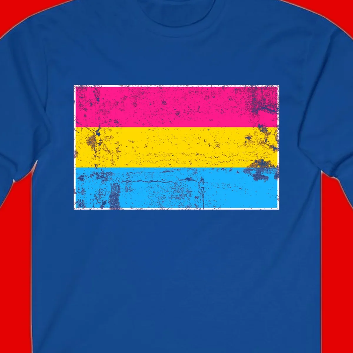 Pan pride distressed flag with magenta, yellow, and cyan blue horizontal stripes featuring heavy grunge texture overlay