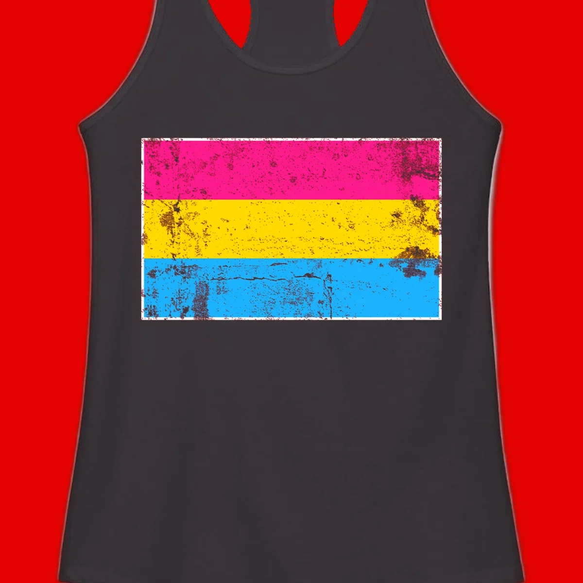 Pan pride distressed flag with magenta, yellow, and cyan blue horizontal stripes featuring heavy grunge texture overlay