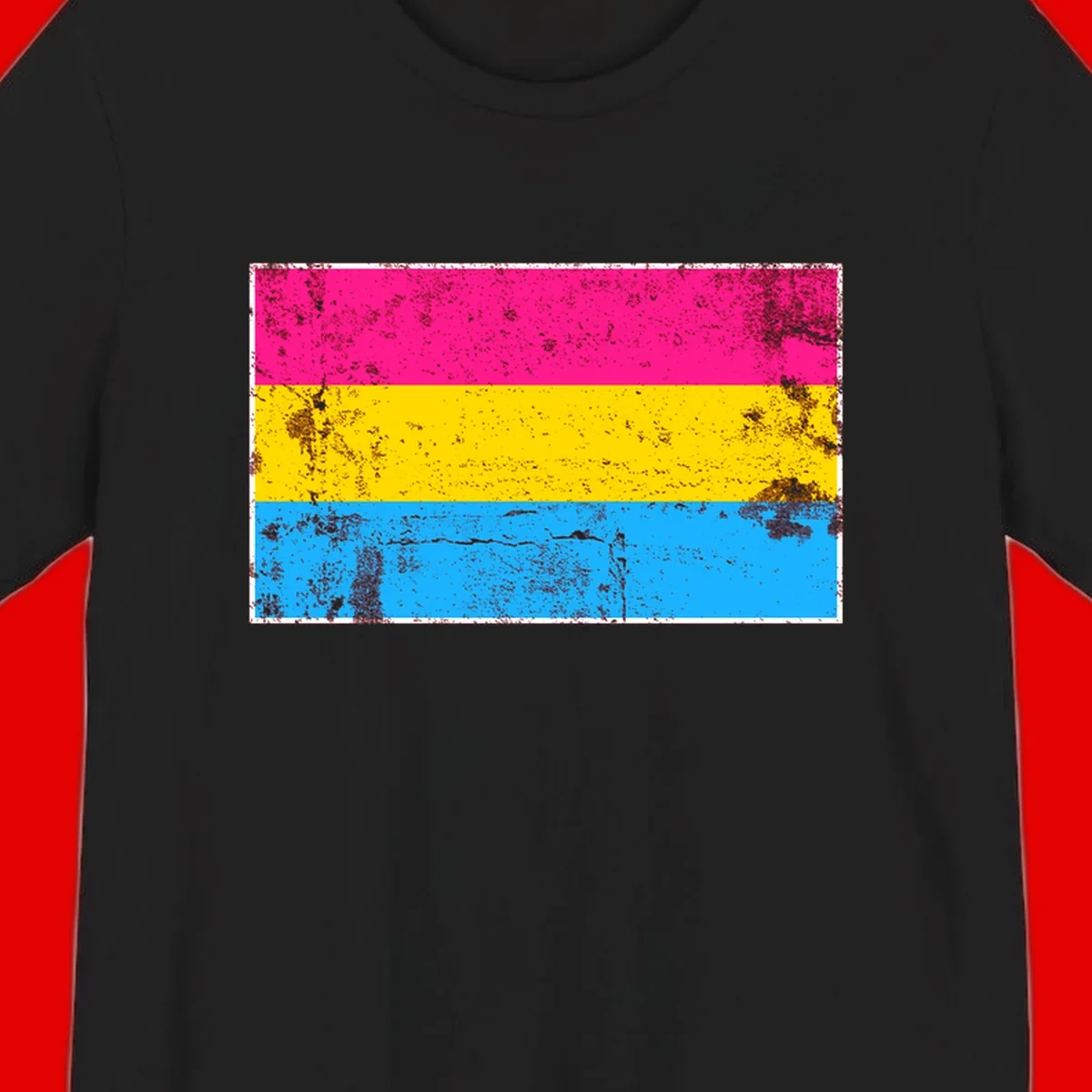 Pan pride distressed flag with magenta, yellow, and cyan blue horizontal stripes featuring heavy grunge texture overlay