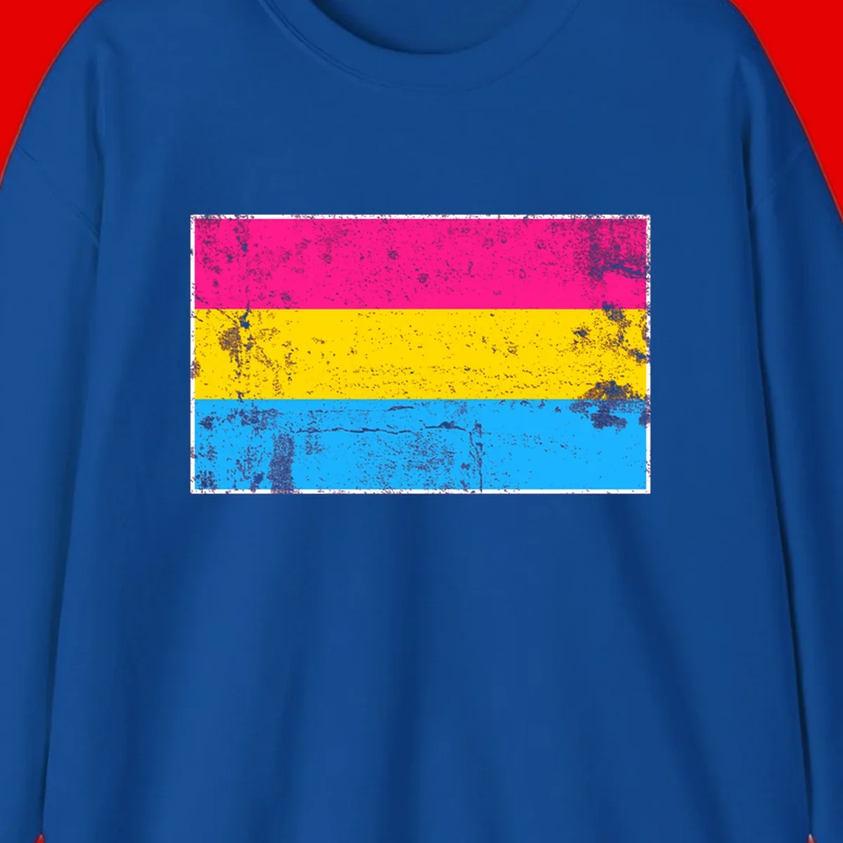 Pan pride distressed flag with magenta, yellow, and cyan blue horizontal stripes featuring heavy grunge texture overlay