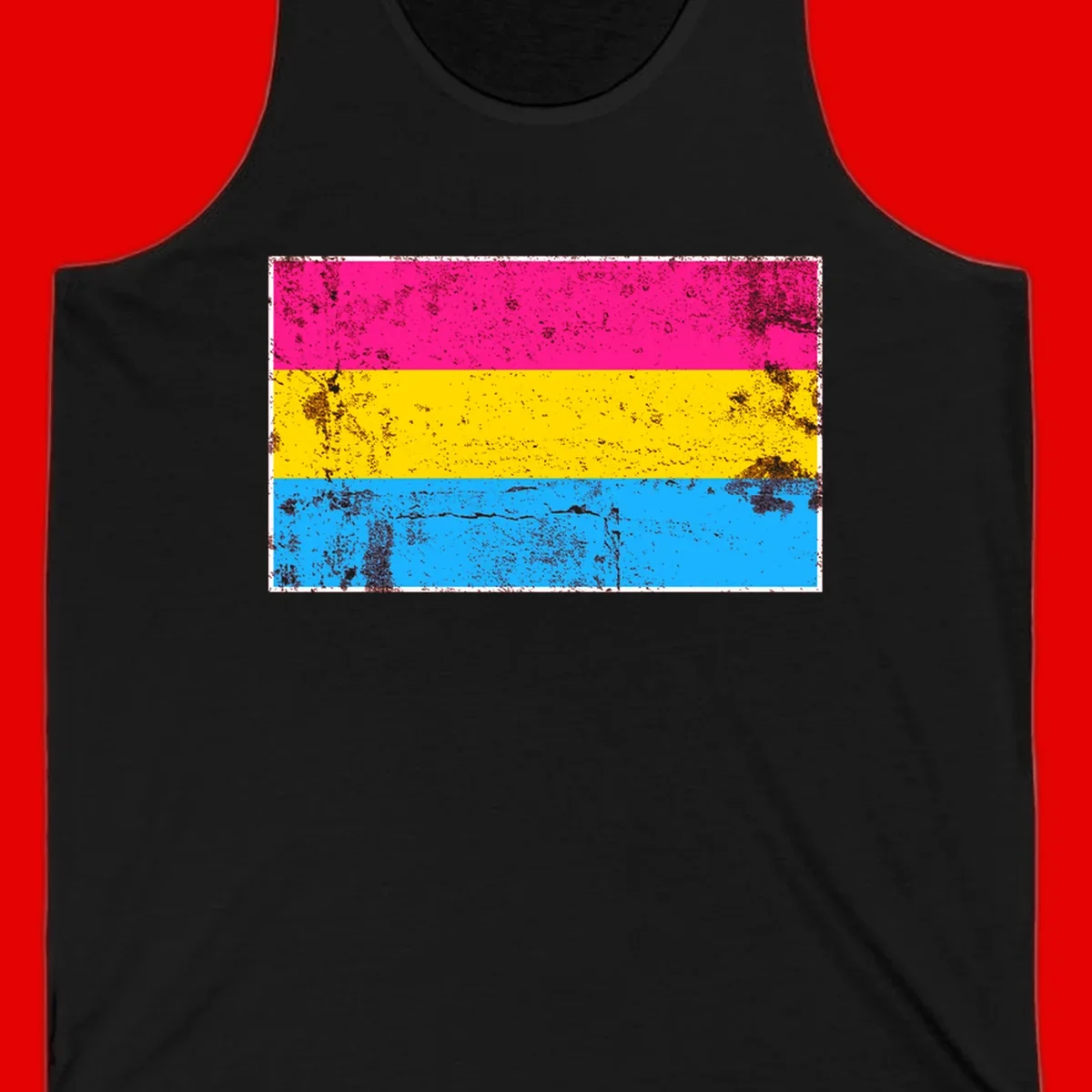 Pan pride distressed flag with magenta, yellow, and cyan blue horizontal stripes featuring heavy grunge texture overlay