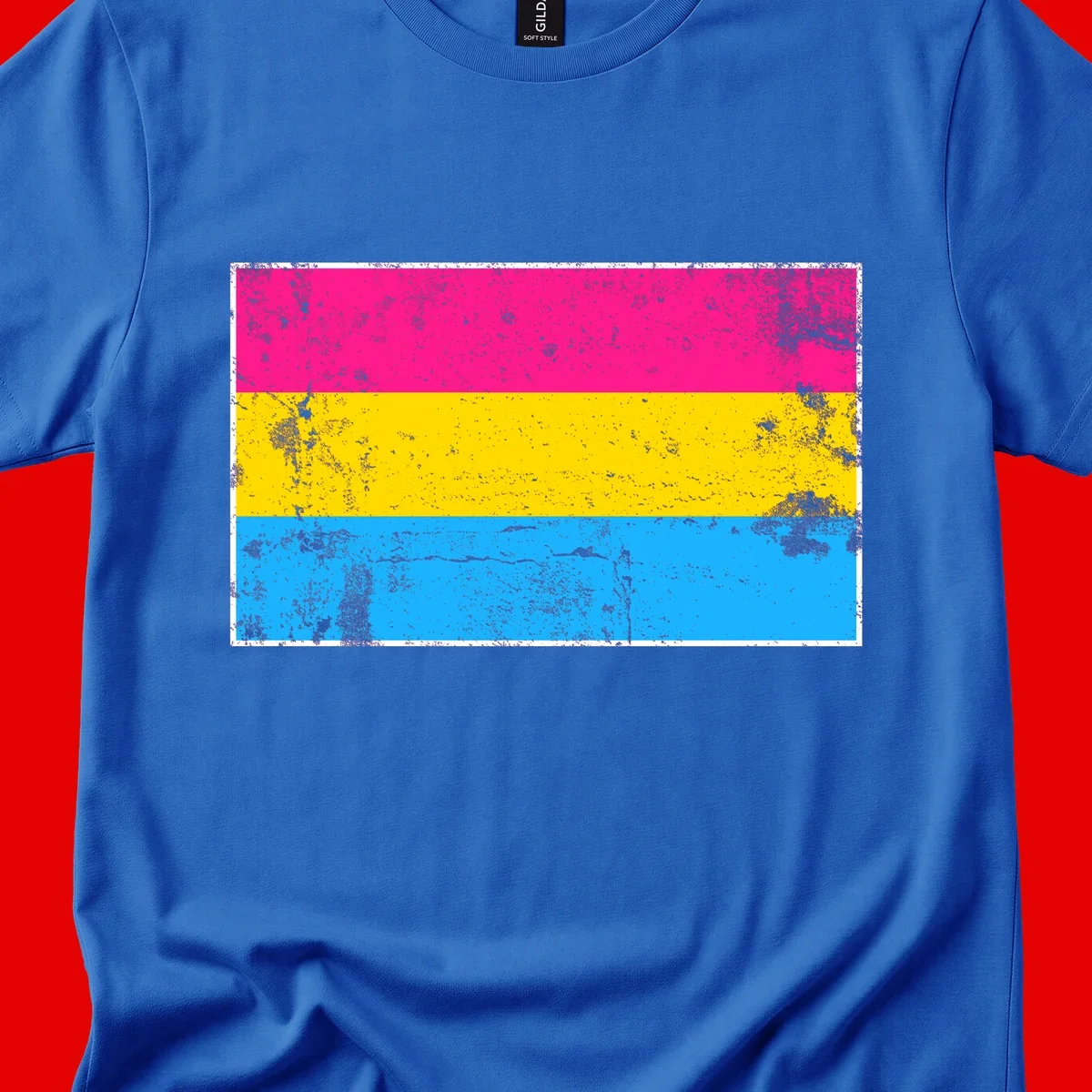 Pan pride distressed flag with magenta, yellow, and cyan blue horizontal stripes featuring heavy grunge texture overlay