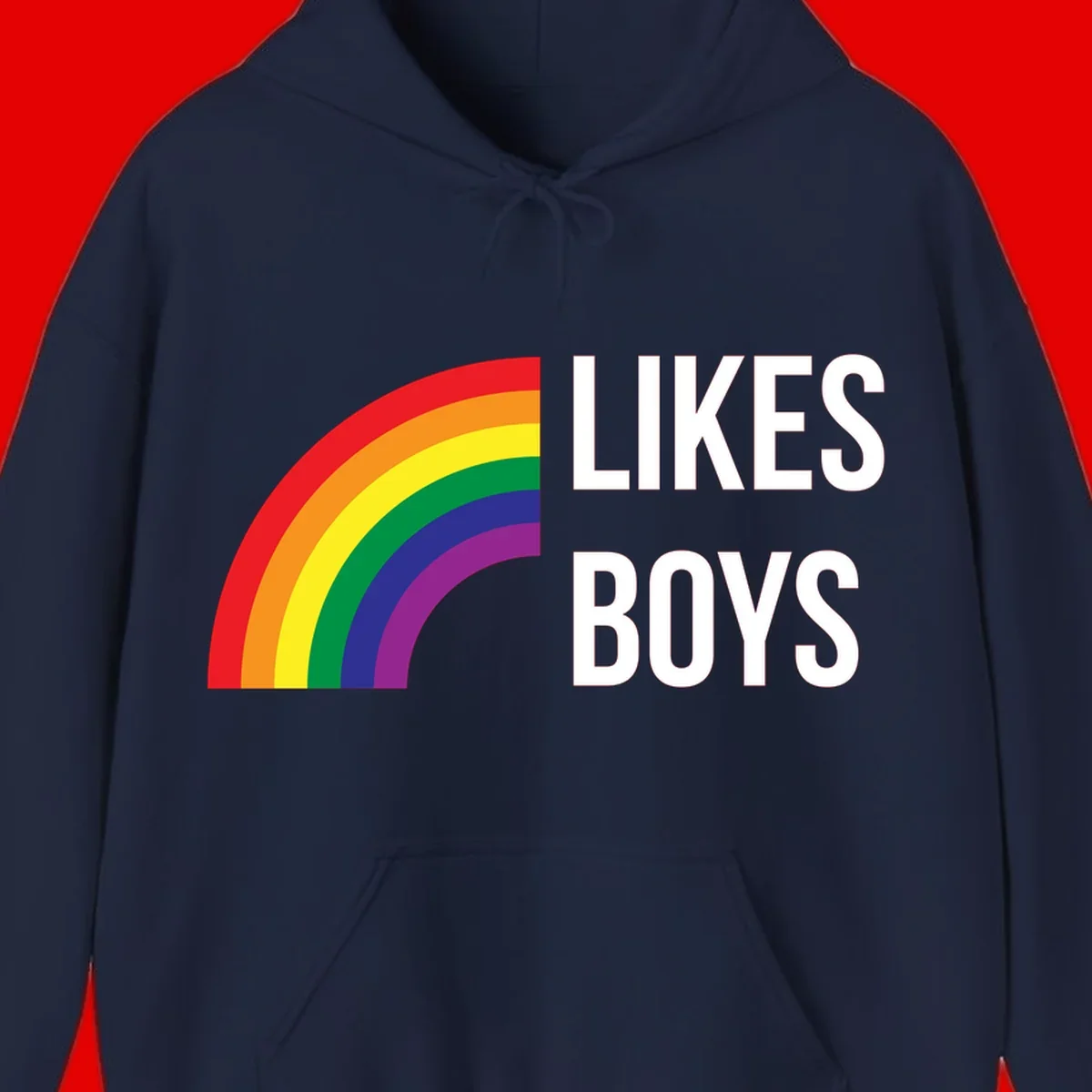 Likes boys pride design featuring a colorful rainbow arc with bold white text on gray background