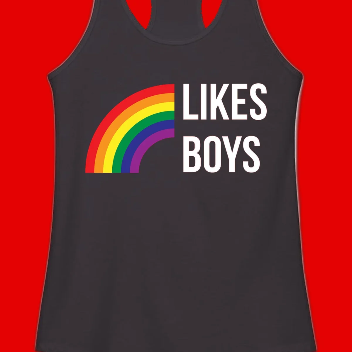 Likes boys pride design featuring a colorful rainbow arc with bold white text on gray background