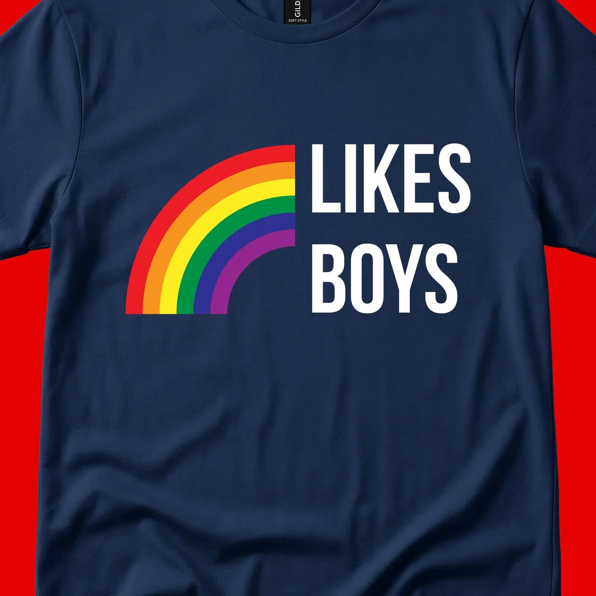 Likes boys pride design featuring a colorful rainbow arc with bold white text on gray background