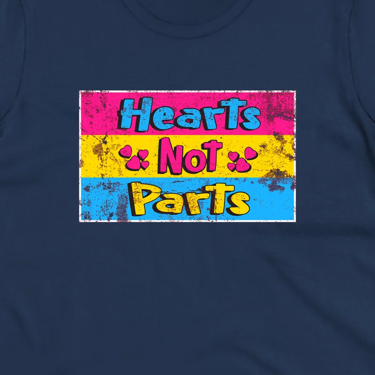 Hearts Not Parts design: magenta, yellow, and blue color-blocked graphic with distressed typography and pink hearts celebrating trans and non-binary identity
