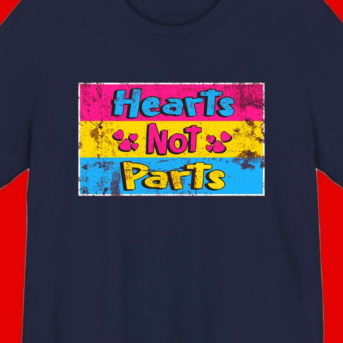 Hearts Not Parts design: magenta, yellow, and blue color-blocked graphic with distressed typography and pink hearts celebrating trans and non-binary identity