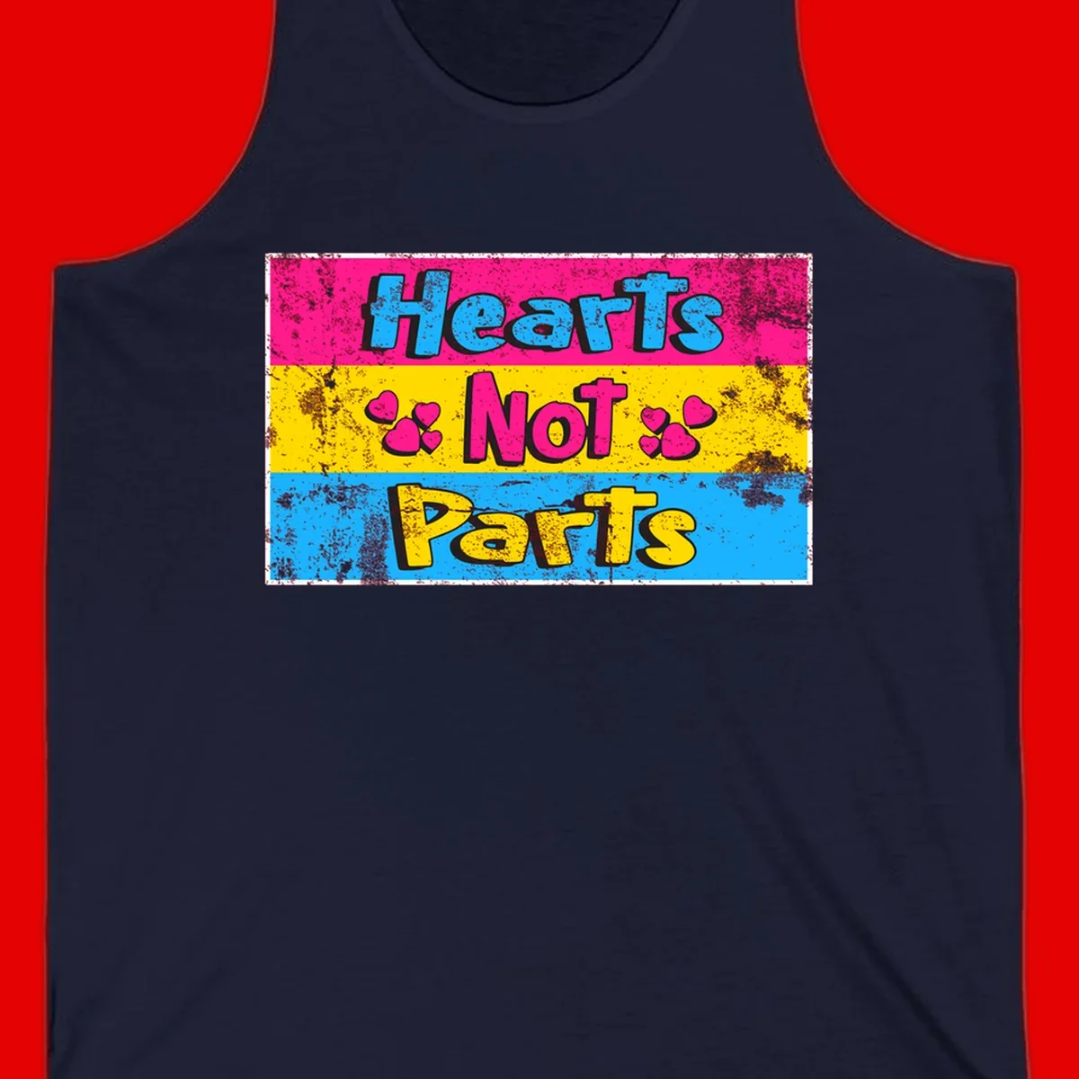 Hearts Not Parts design: magenta, yellow, and blue color-blocked graphic with distressed typography and pink hearts celebrating trans and non-binary identity