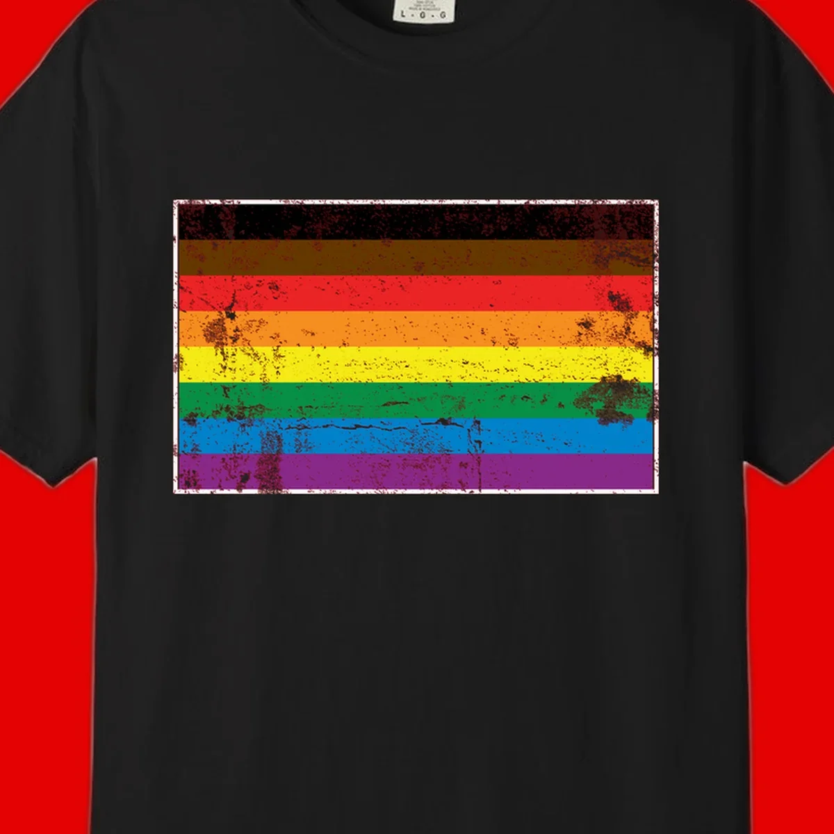 Distressed rainbow pride flag with eight horizontal stripes in black, brown, red, orange, yellow, green, blue, and purple