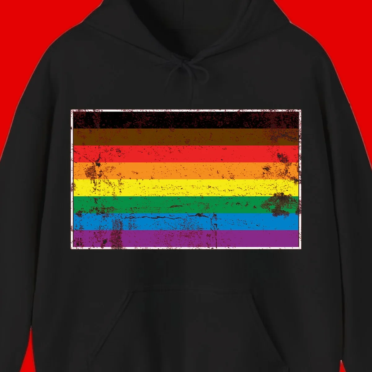 Distressed rainbow pride flag with eight horizontal stripes in black, brown, red, orange, yellow, green, blue, and purple
