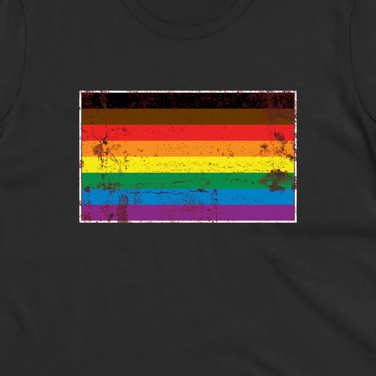 Distressed rainbow pride flag with eight horizontal stripes in black, brown, red, orange, yellow, green, blue, and purple