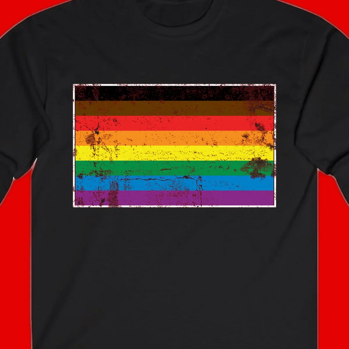 Distressed rainbow pride flag with eight horizontal stripes in black, brown, red, orange, yellow, green, blue, and purple