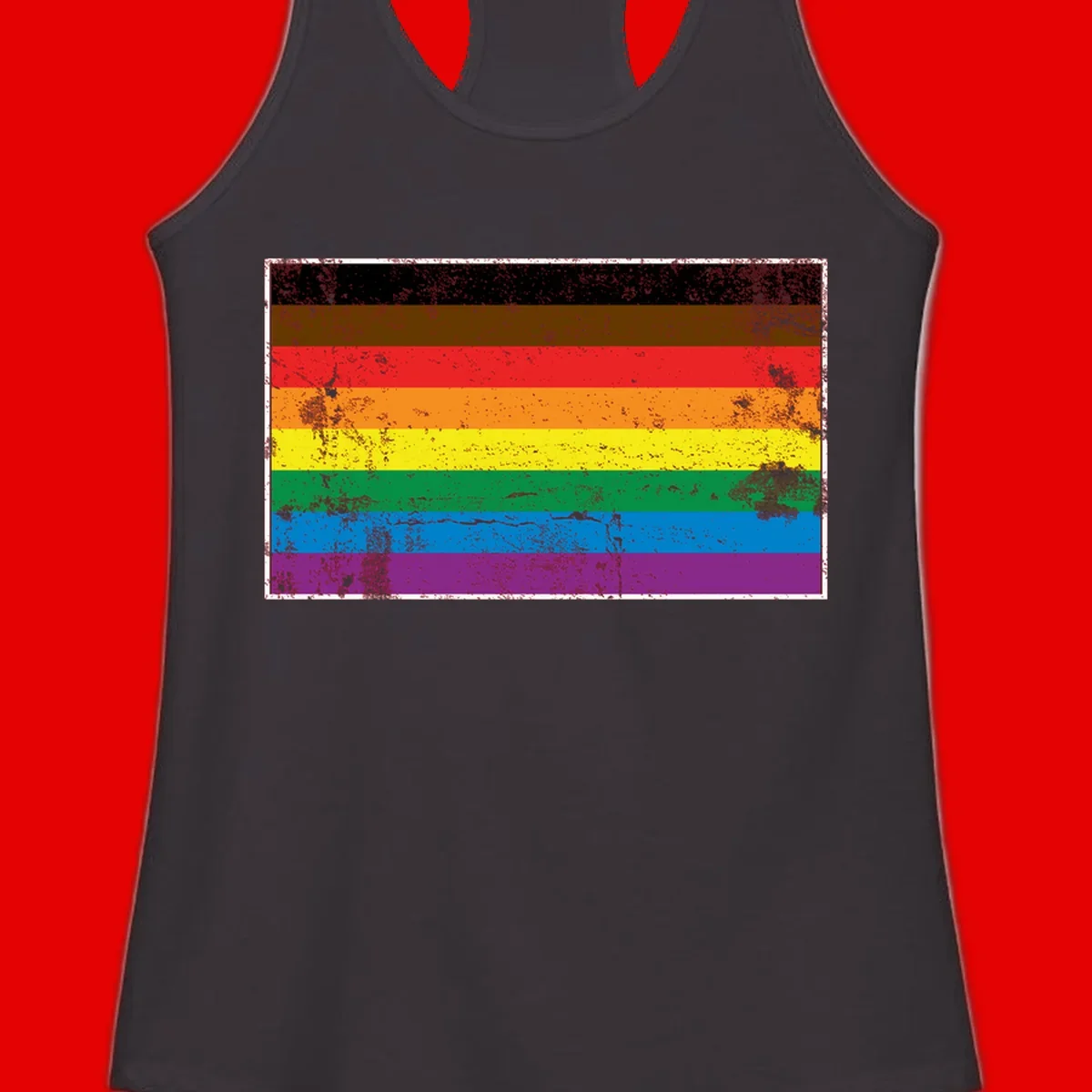 Distressed rainbow pride flag with eight horizontal stripes in black, brown, red, orange, yellow, green, blue, and purple