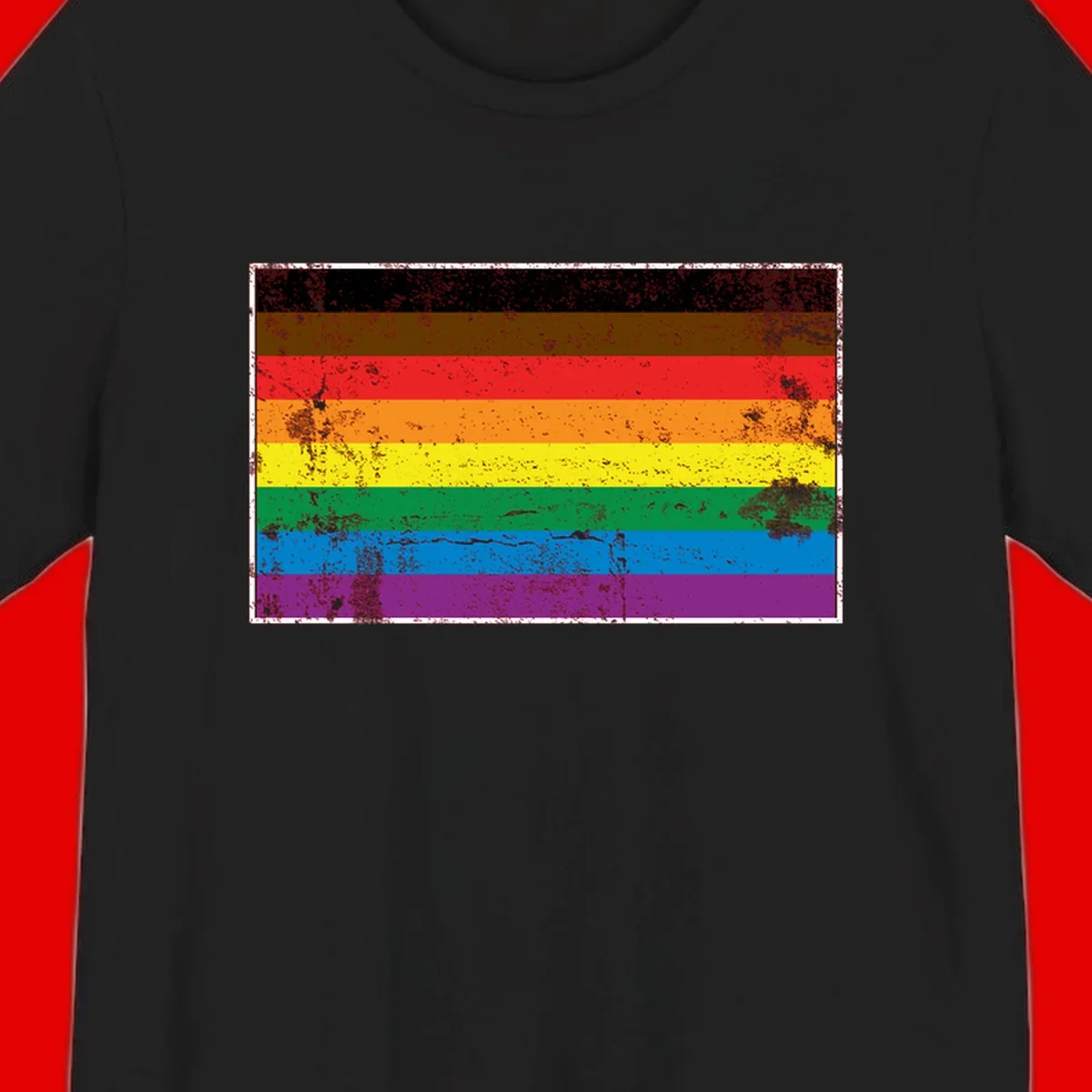 Distressed rainbow pride flag with eight horizontal stripes in black, brown, red, orange, yellow, green, blue, and purple
