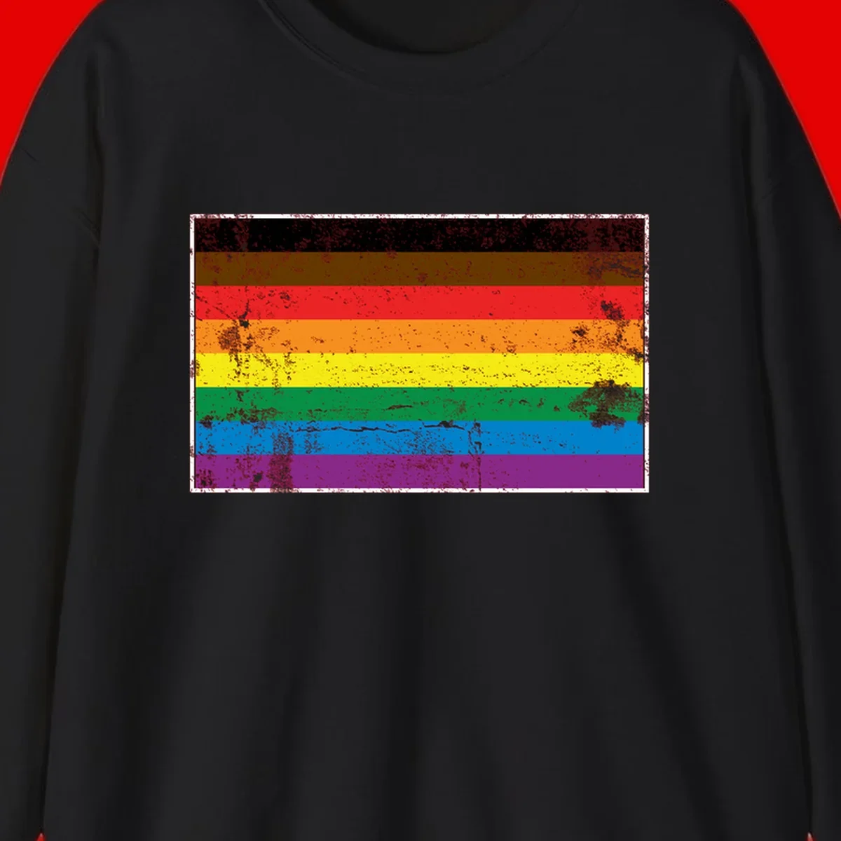 Distressed rainbow pride flag with eight horizontal stripes in black, brown, red, orange, yellow, green, blue, and purple