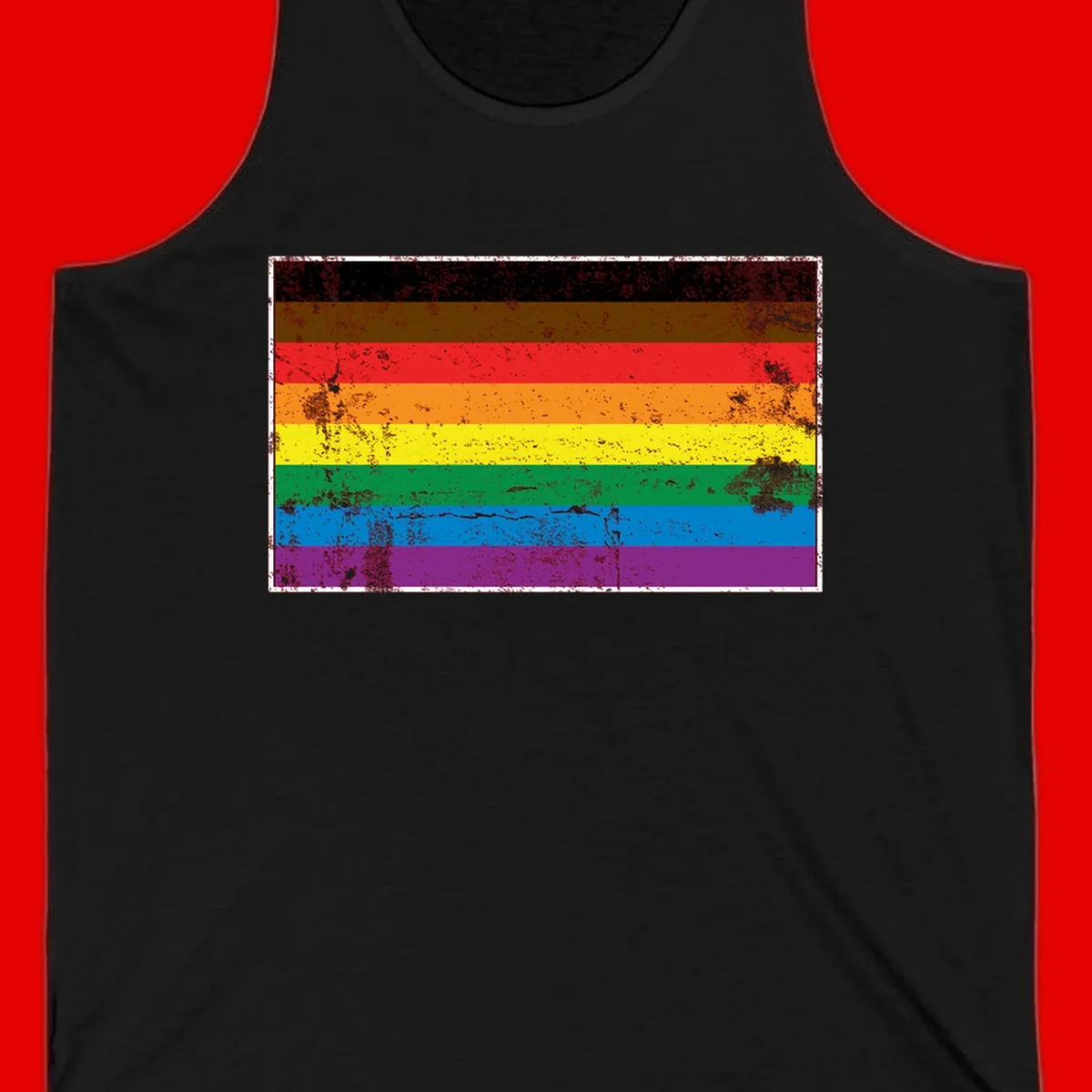 Distressed rainbow pride flag with eight horizontal stripes in black, brown, red, orange, yellow, green, blue, and purple