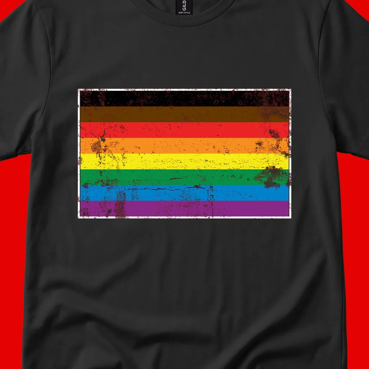 Distressed rainbow pride flag with eight horizontal stripes in black, brown, red, orange, yellow, green, blue, and purple