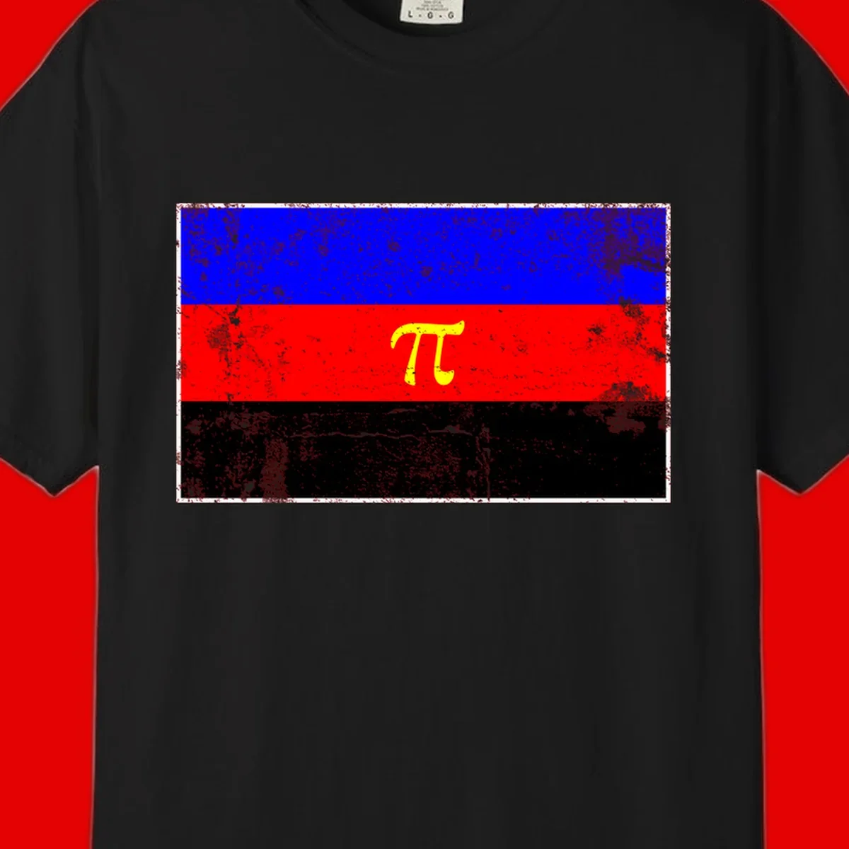 Pi mathematical symbol in yellow on distressed German flag with blue, red, and black horizontal stripes and grunge texture overlay