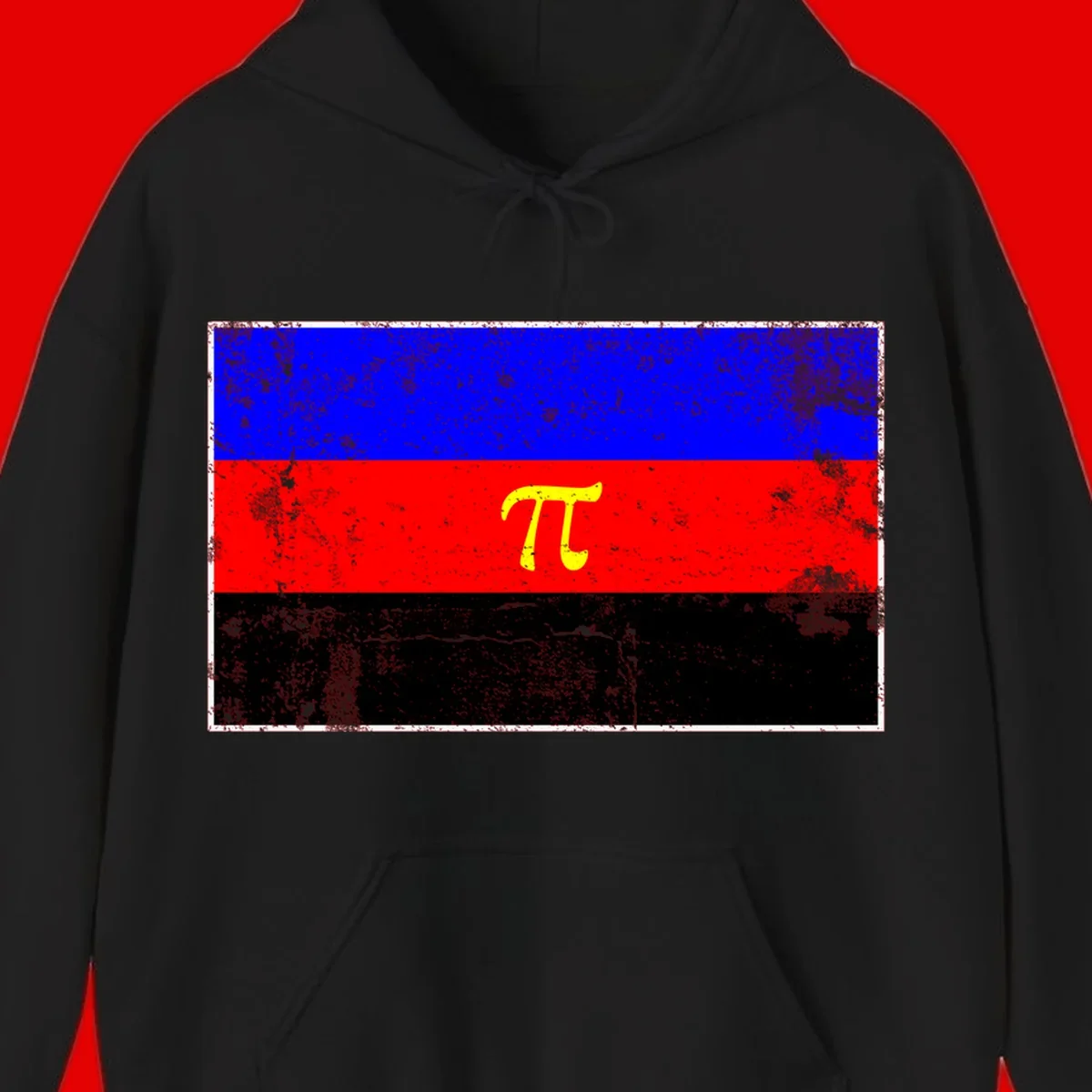 Pi mathematical symbol in yellow on distressed German flag with blue, red, and black horizontal stripes and grunge texture overlay