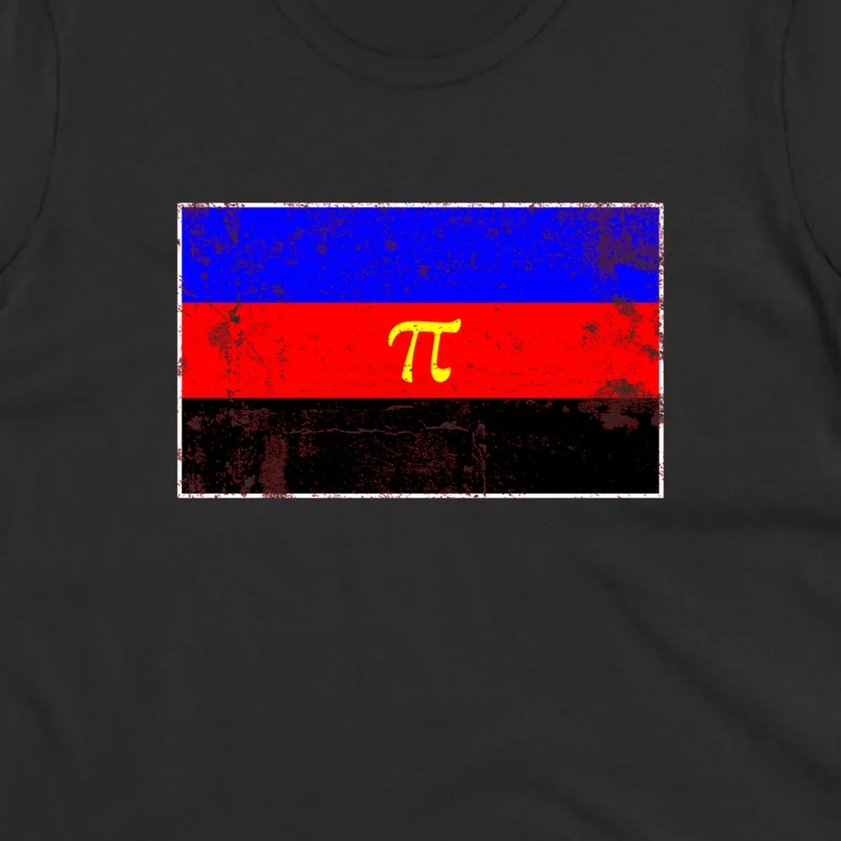 Pi mathematical symbol in yellow on distressed German flag with blue, red, and black horizontal stripes and grunge texture overlay