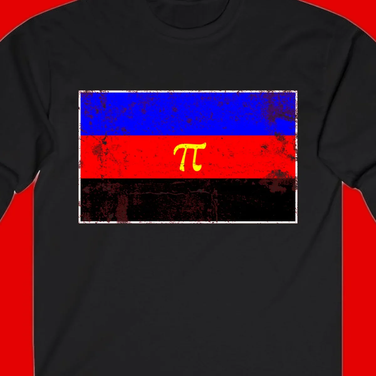 Pi mathematical symbol in yellow on distressed German flag with blue, red, and black horizontal stripes and grunge texture overlay