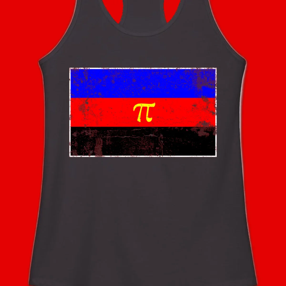 Pi mathematical symbol in yellow on distressed German flag with blue, red, and black horizontal stripes and grunge texture overlay