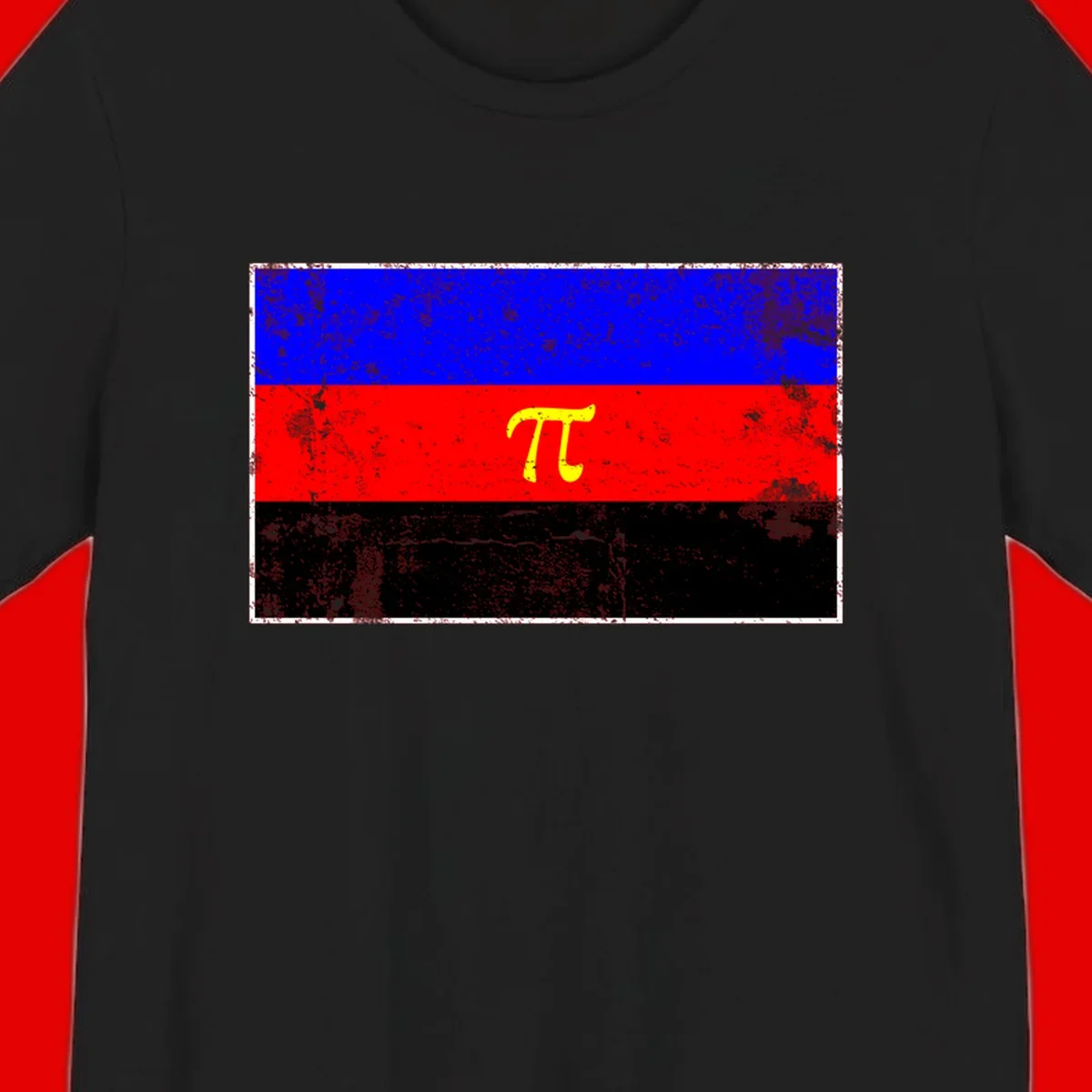 Pi mathematical symbol in yellow on distressed German flag with blue, red, and black horizontal stripes and grunge texture overlay