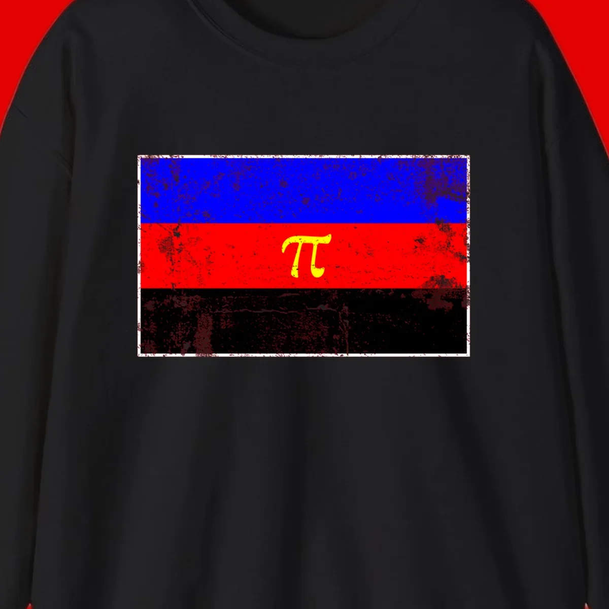 Pi mathematical symbol in yellow on distressed German flag with blue, red, and black horizontal stripes and grunge texture overlay