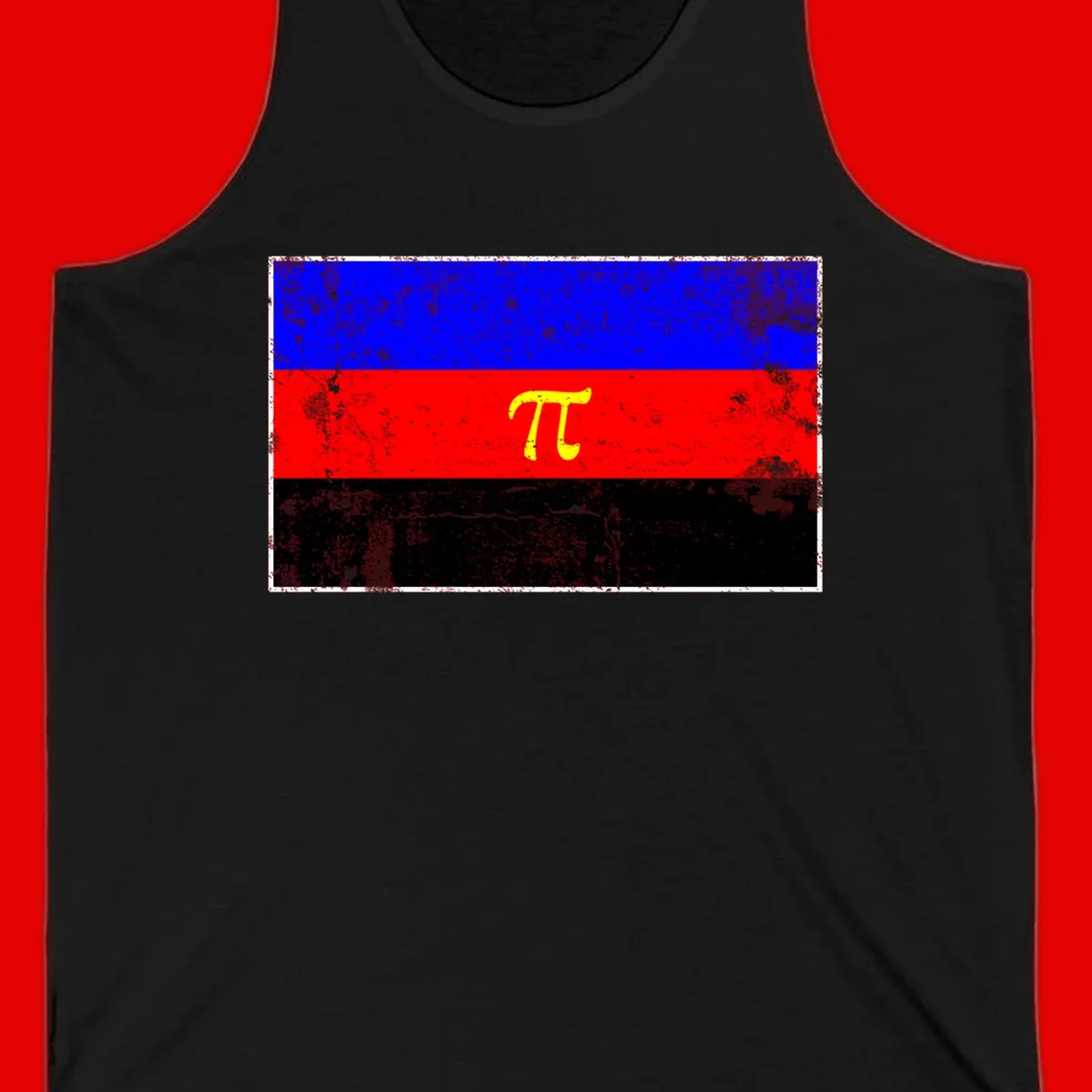 Pi mathematical symbol in yellow on distressed German flag with blue, red, and black horizontal stripes and grunge texture overlay