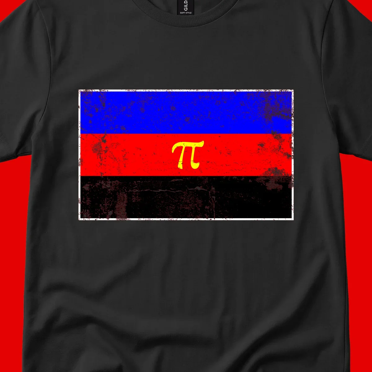Pi mathematical symbol in yellow on distressed German flag with blue, red, and black horizontal stripes and grunge texture overlay