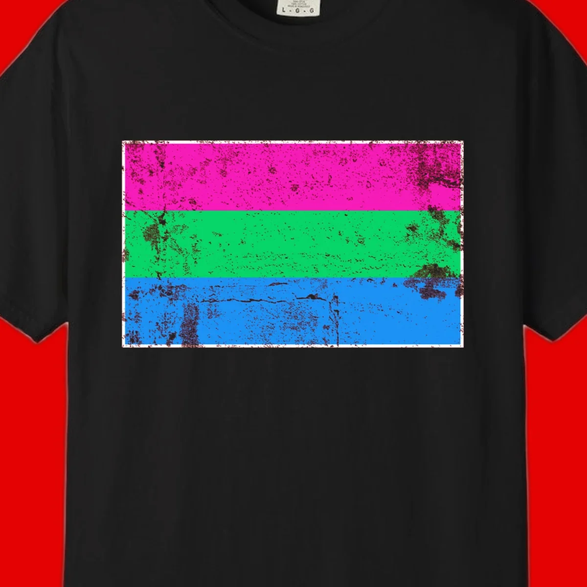Horizontal pride flag stripes design in magenta, green, and blue with grunge distressed texture overlay