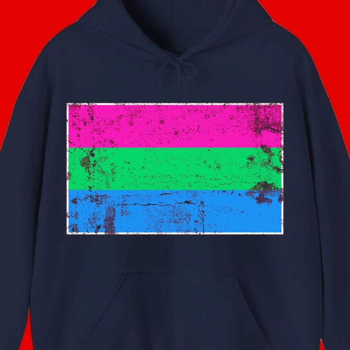 Horizontal pride flag stripes design in magenta, green, and blue with grunge distressed texture overlay