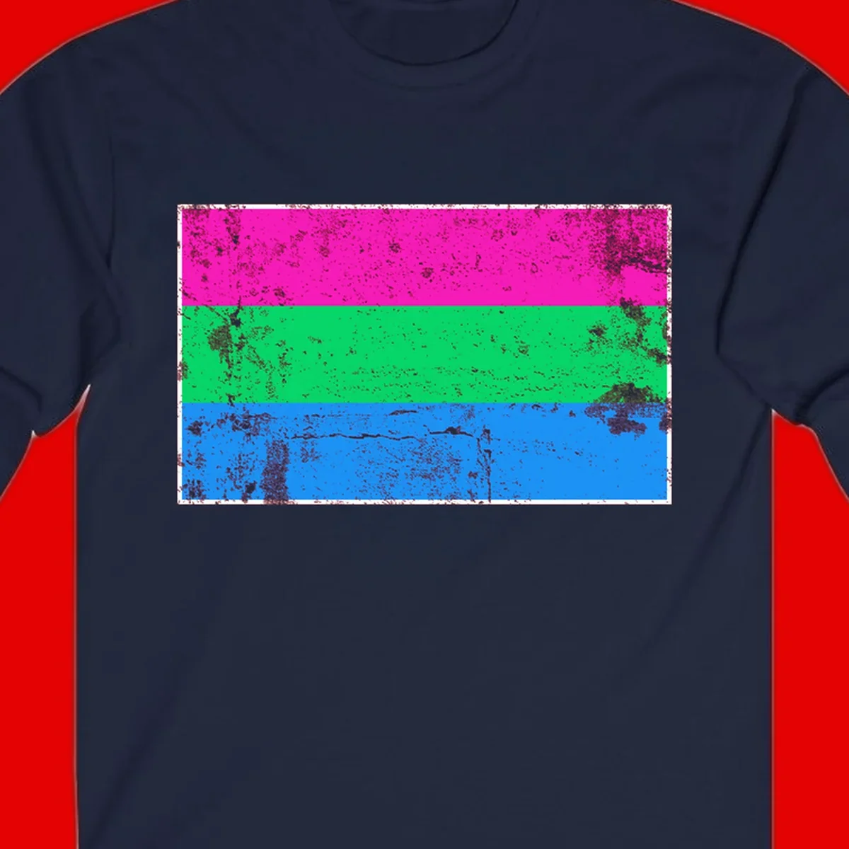 Horizontal pride flag stripes design in magenta, green, and blue with grunge distressed texture overlay