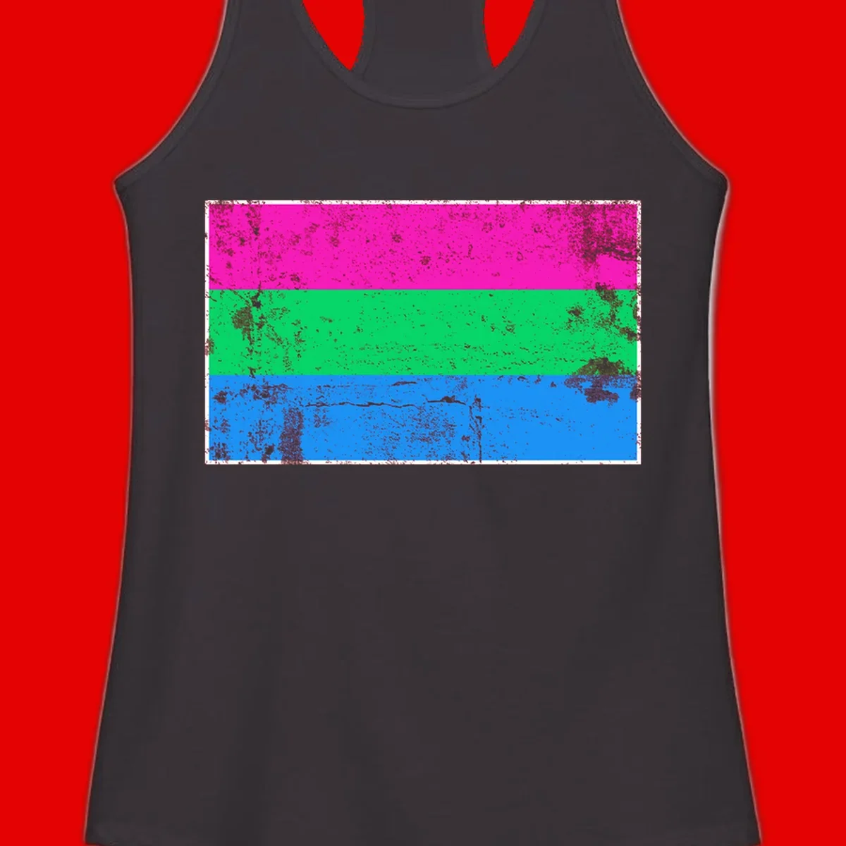 Horizontal pride flag stripes design in magenta, green, and blue with grunge distressed texture overlay