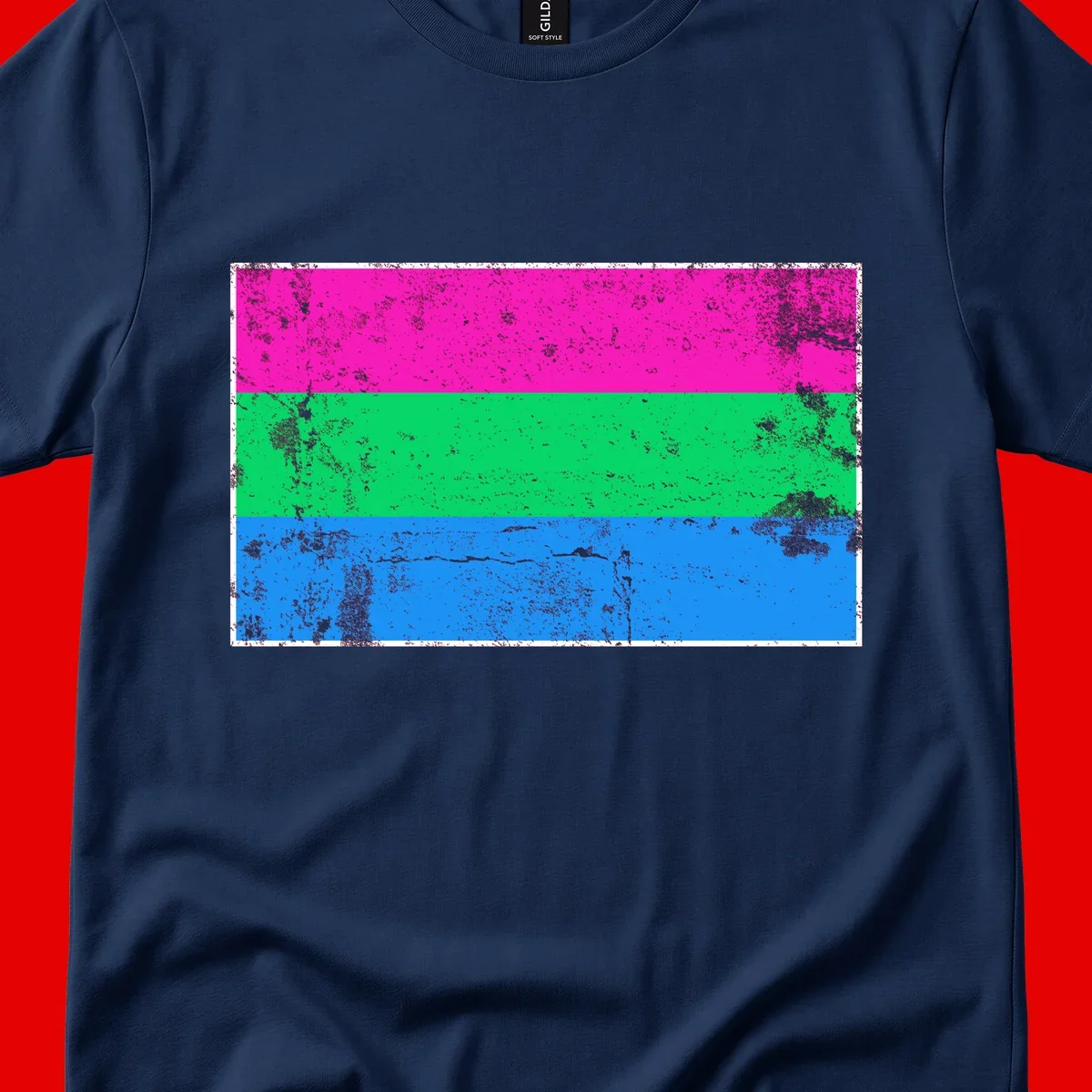 Horizontal pride flag stripes design in magenta, green, and blue with grunge distressed texture overlay