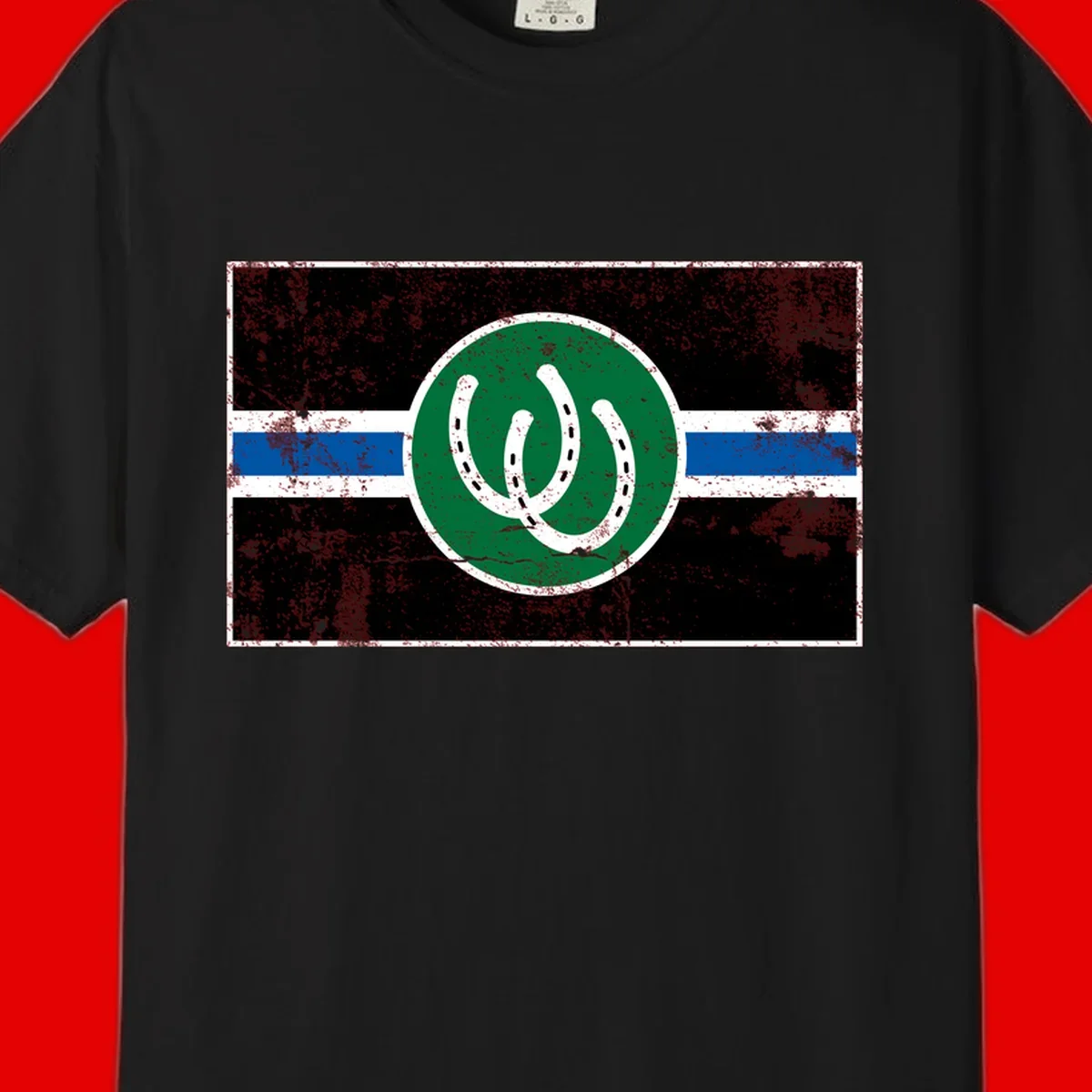 Lucky horseshoe stripes badge design with two white horseshoes on green circle and horizontal black, white, blue striped background with distressed texture