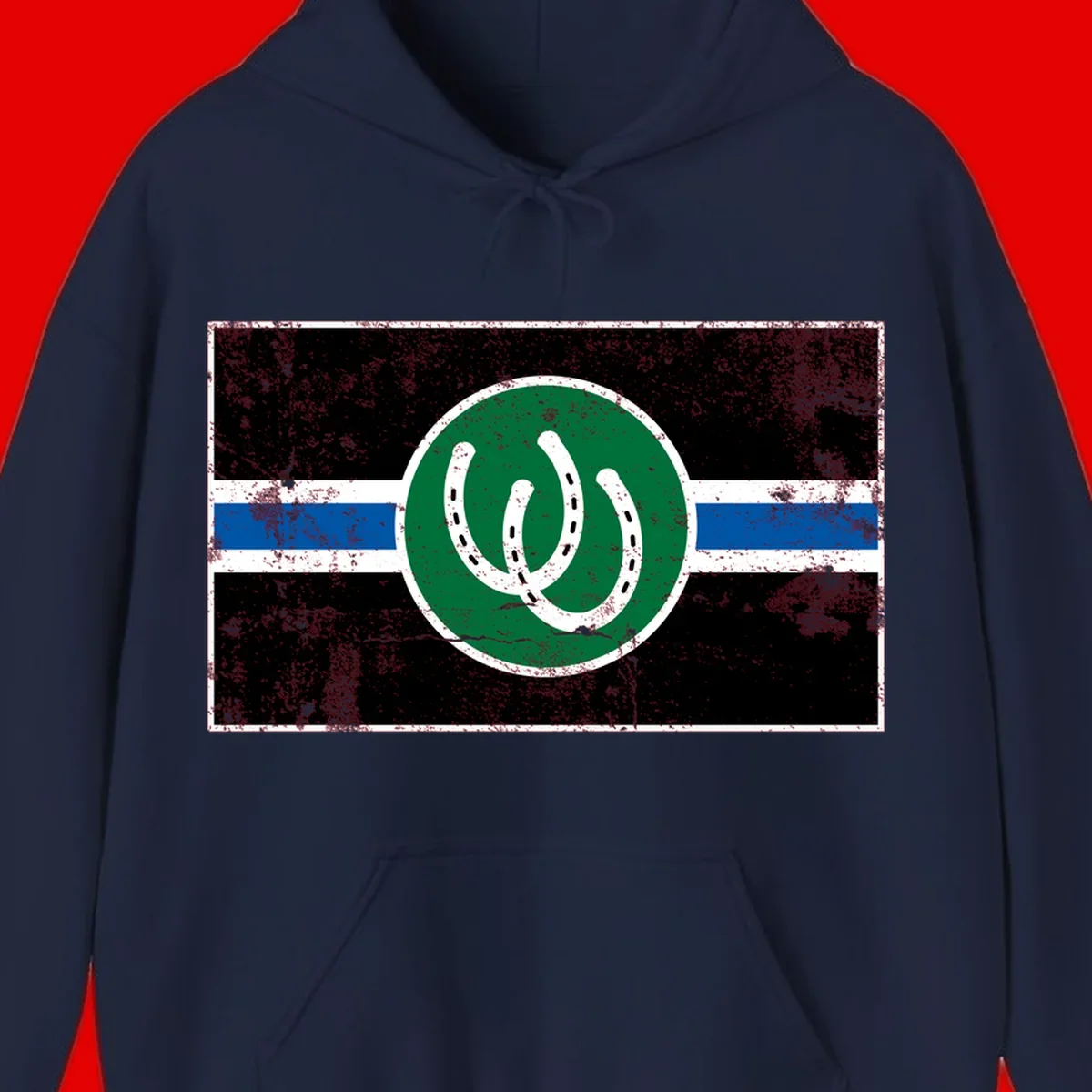 Lucky horseshoe stripes badge design with two white horseshoes on green circle and horizontal black, white, blue striped background with distressed texture