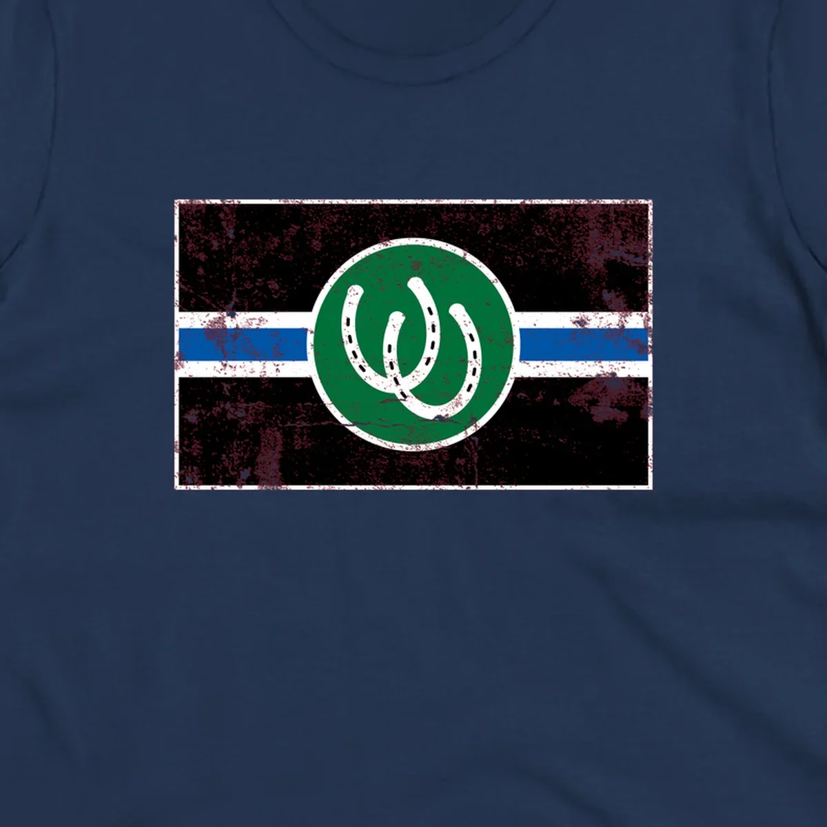 Lucky horseshoe stripes badge design with two white horseshoes on green circle and horizontal black, white, blue striped background with distressed texture