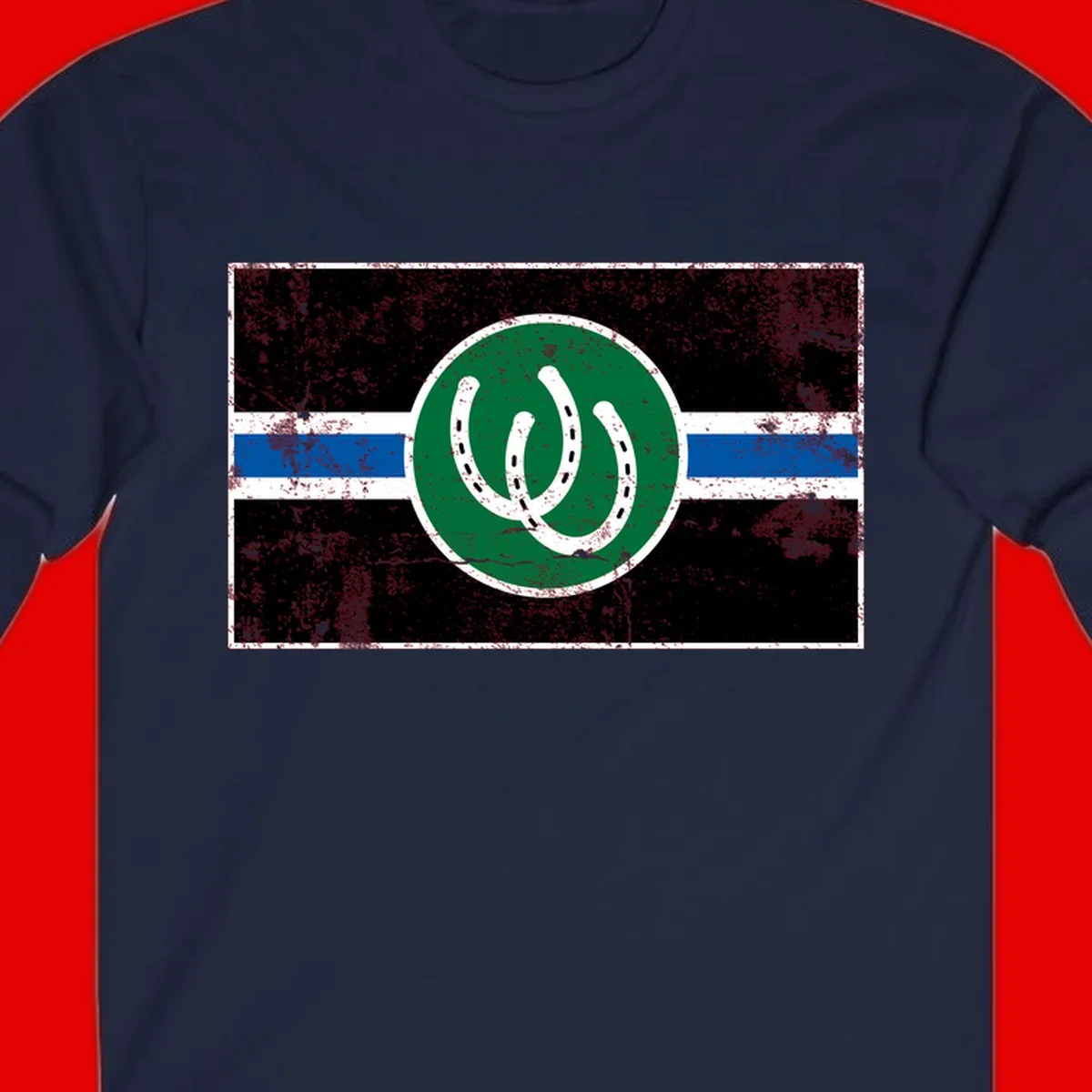 Lucky horseshoe stripes badge design with two white horseshoes on green circle and horizontal black, white, blue striped background with distressed texture