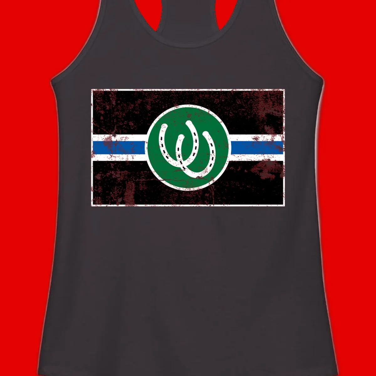 Lucky horseshoe stripes badge design with two white horseshoes on green circle and horizontal black, white, blue striped background with distressed texture