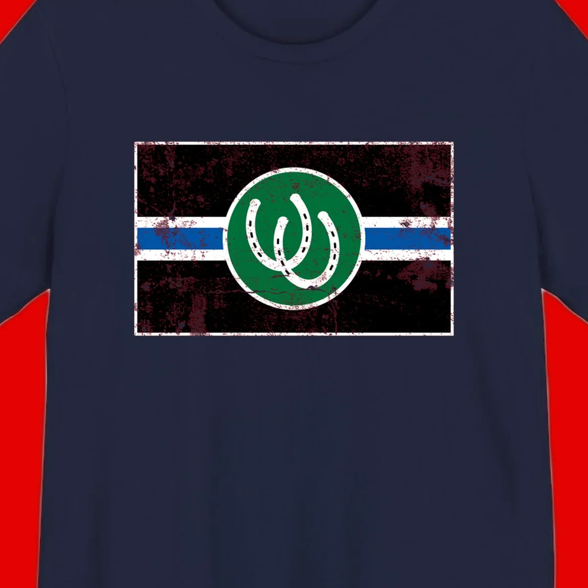 Lucky horseshoe stripes badge design with two white horseshoes on green circle and horizontal black, white, blue striped background with distressed texture