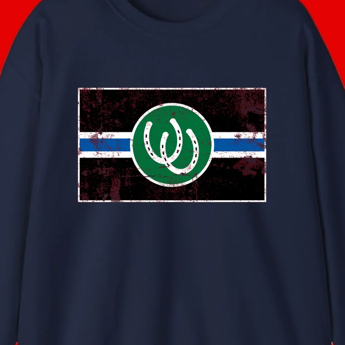 Lucky horseshoe stripes badge design with two white horseshoes on green circle and horizontal black, white, blue striped background with distressed texture